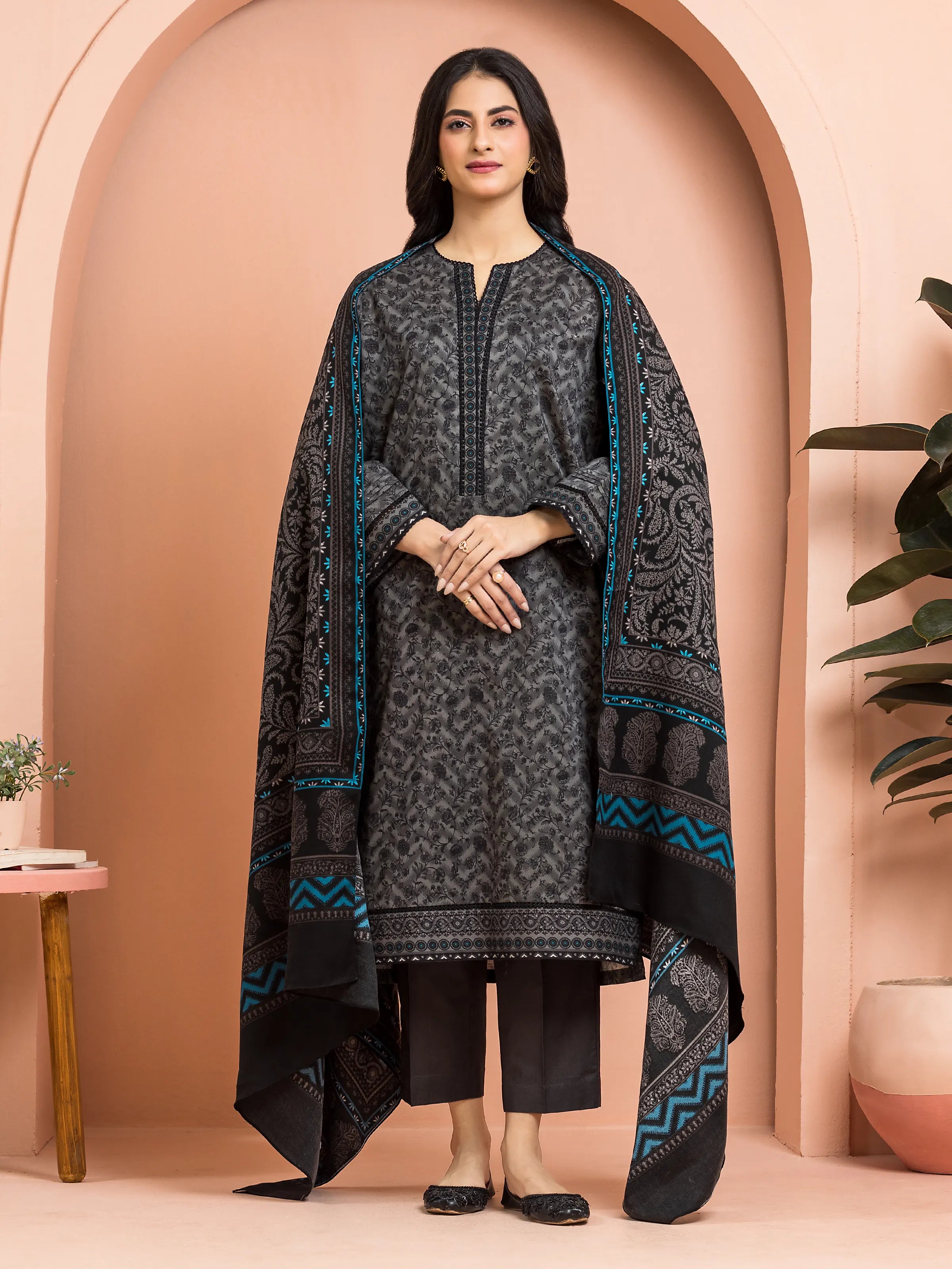 Unstitched  Dark Grey Printed Khaddar 3 Piece- EWU24M3-117