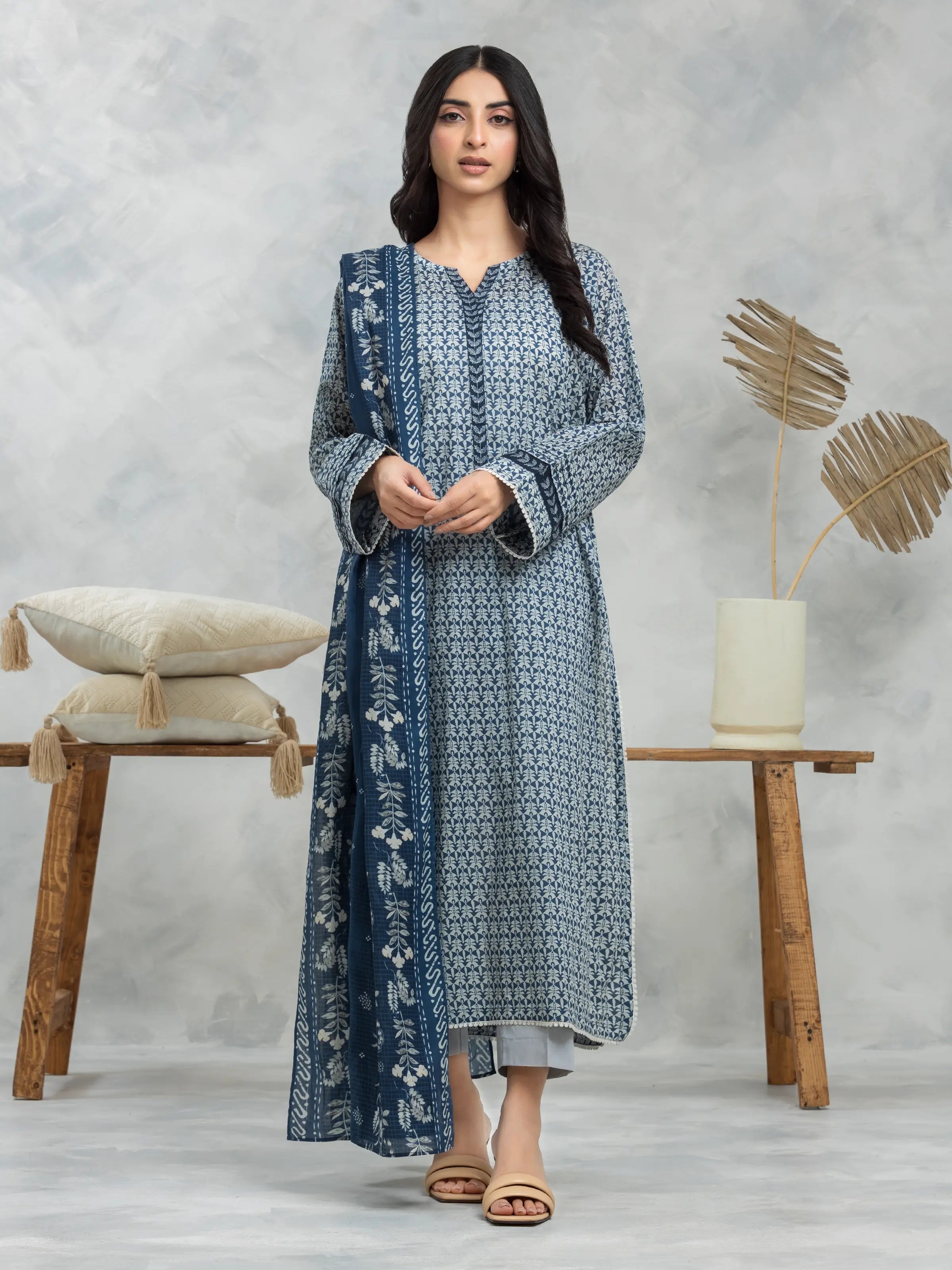 Unstitched Grey & Blue Printed Cambric 3 Piece - EWU24A2-28106-3P