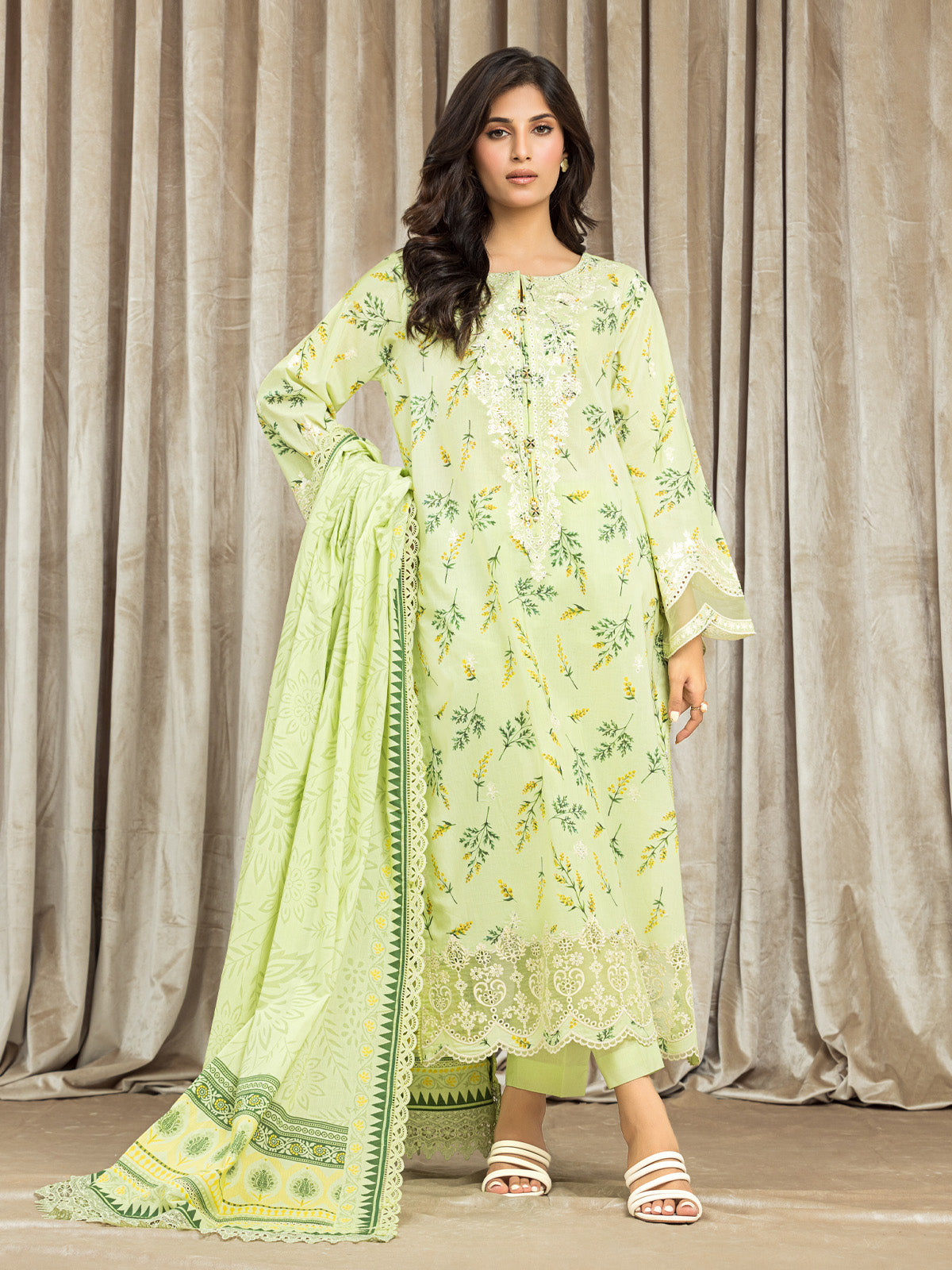 EWU24V1-28600-3P Unstitched Light Green Embroidered Lawn 3 Piece