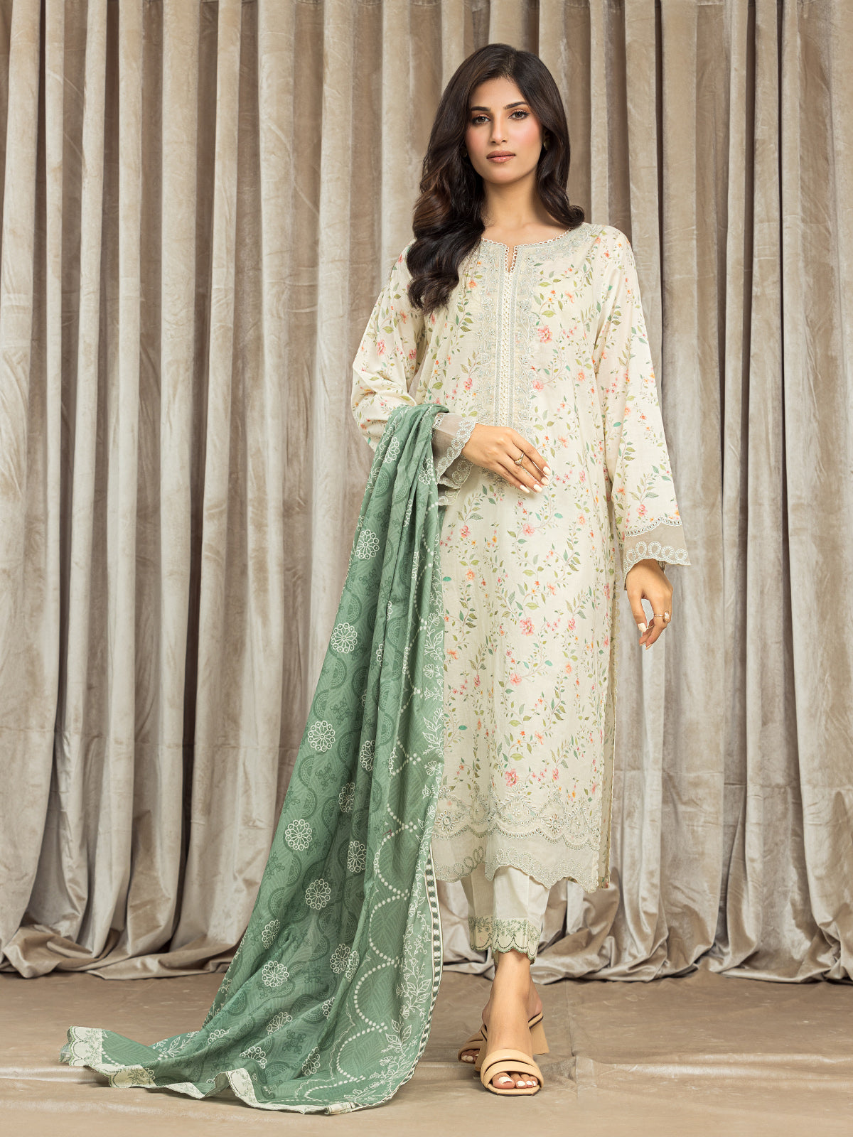 Unstitched Cream Embroidered Lawn 3 Piece - EWU24V1-28611-3P