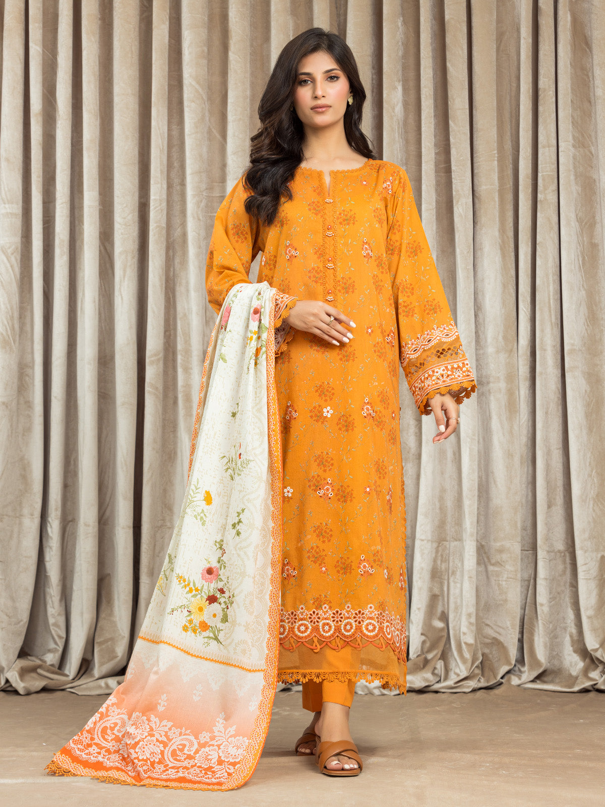 EWU24V1-30036-3P Unstitched Orange Embroidered Lawn 3 Piece