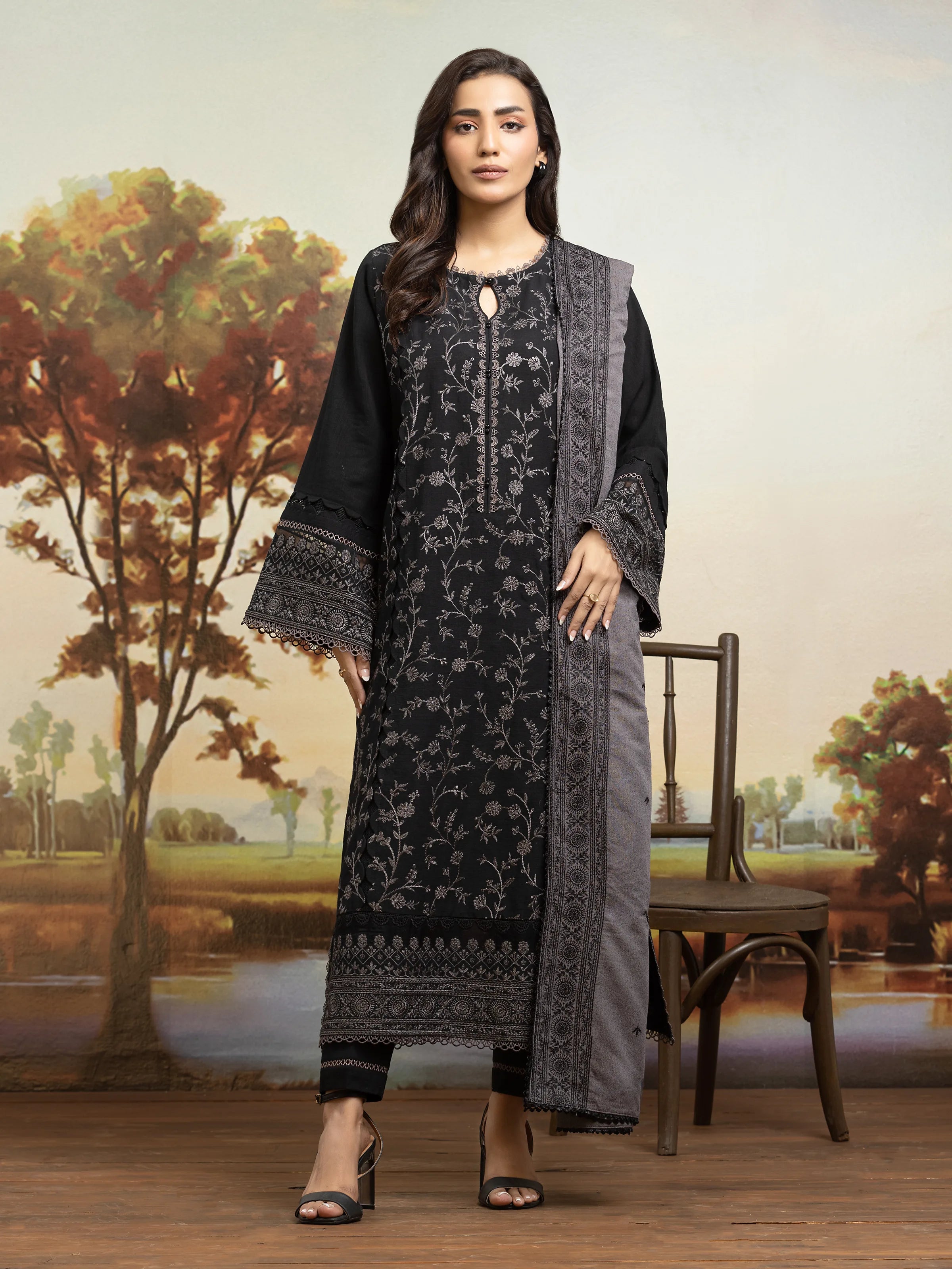 Unstitched Black Embroidered Khaddar 3 Piece - EWU24V11-30303-3P