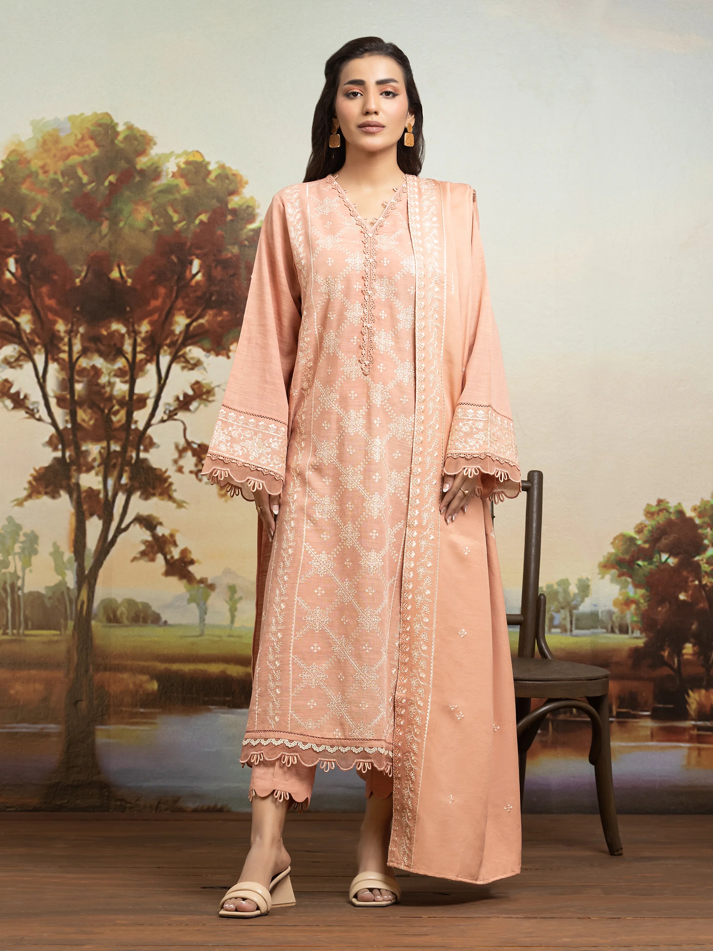 Unstitched Peach Embroidered Khaddar 3 Piece - EWU24V11-30305-3P