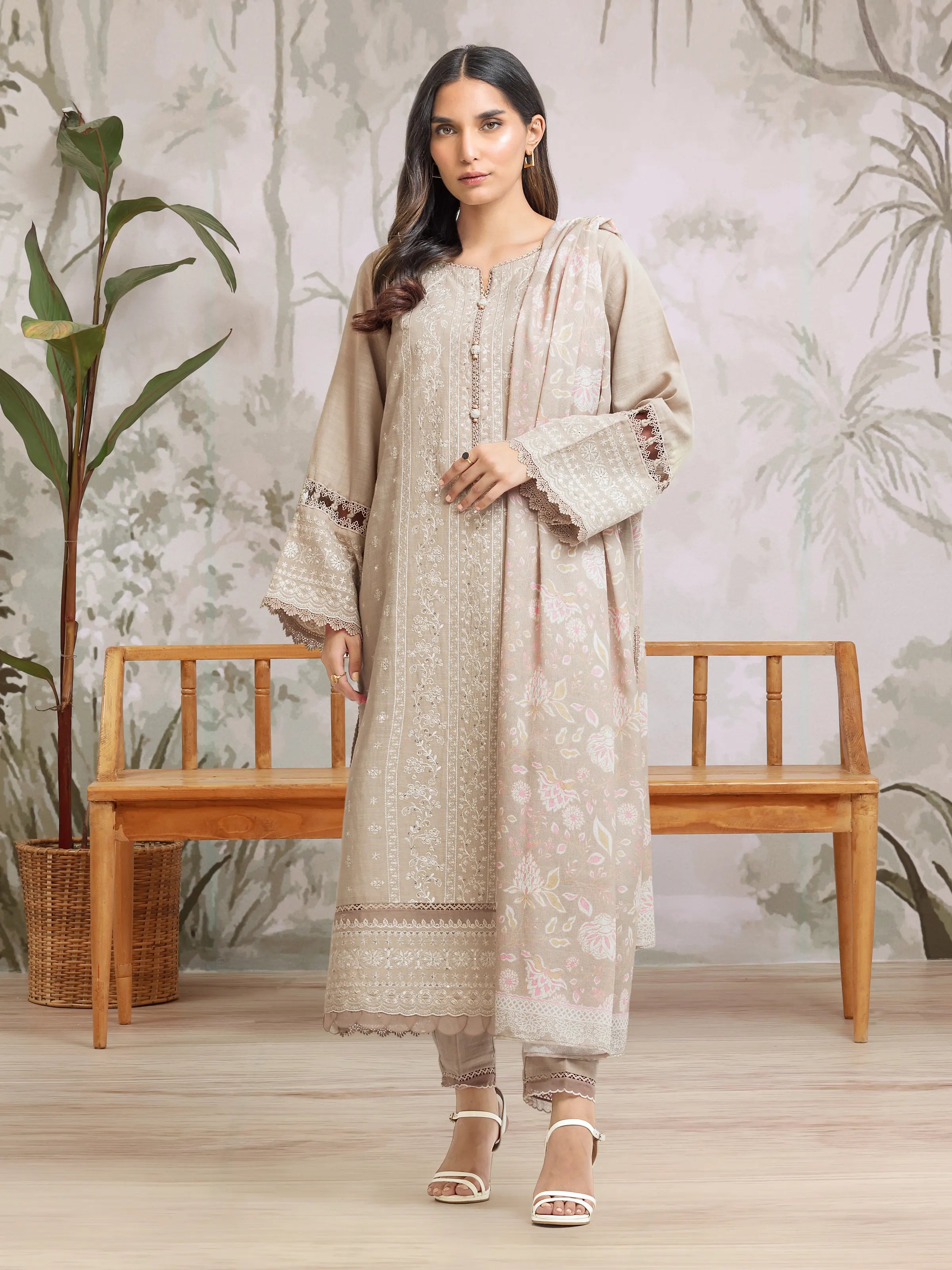 Unstitched Beige Embroidered Khaddar 3 Piece - EWU24V11-30307-3P