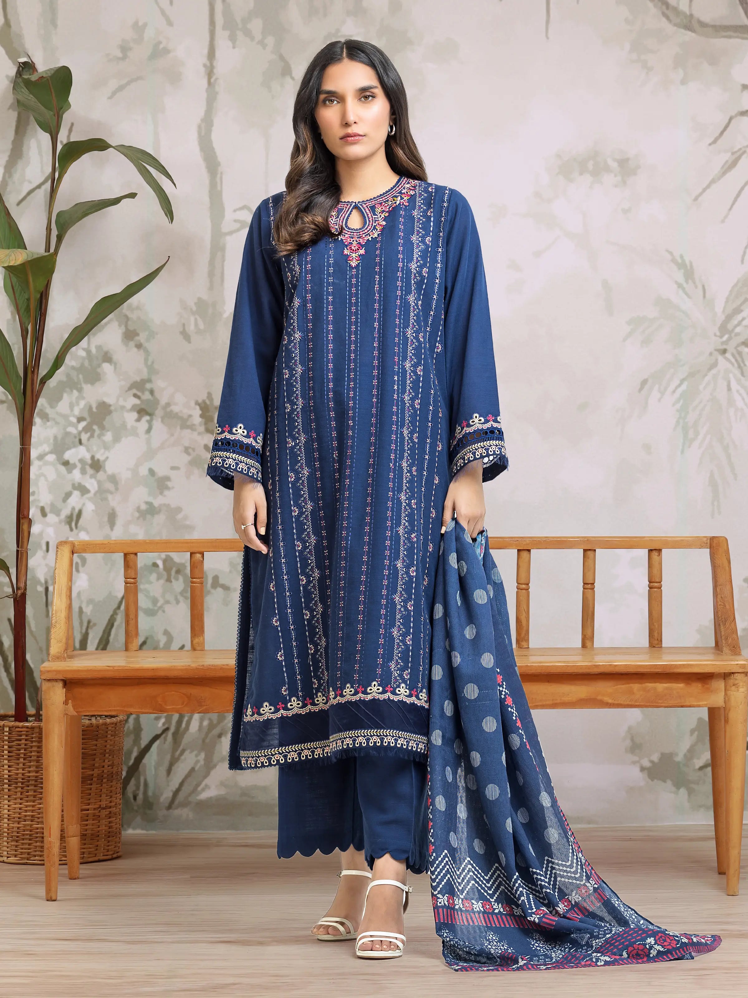 Unstitched Blue Embroidered Khaddar 3 Piece - EWU24V11-30309-3P