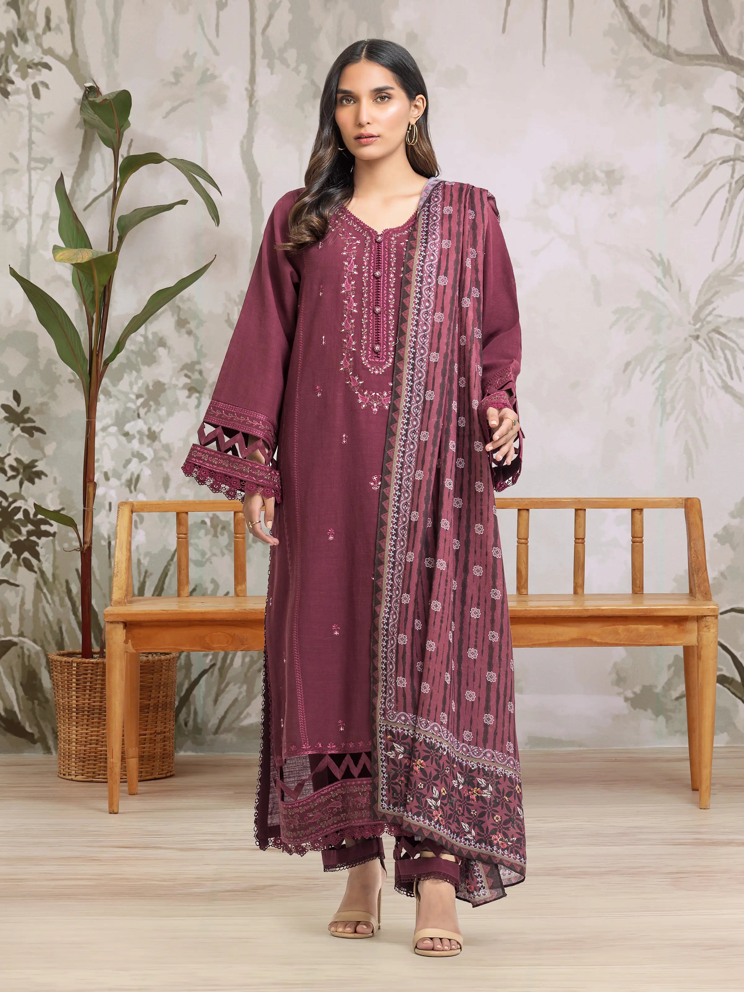 Unstitched Dark Maroon Embroidered Khaddar 3 Piece - EWU24V11-30311-3P