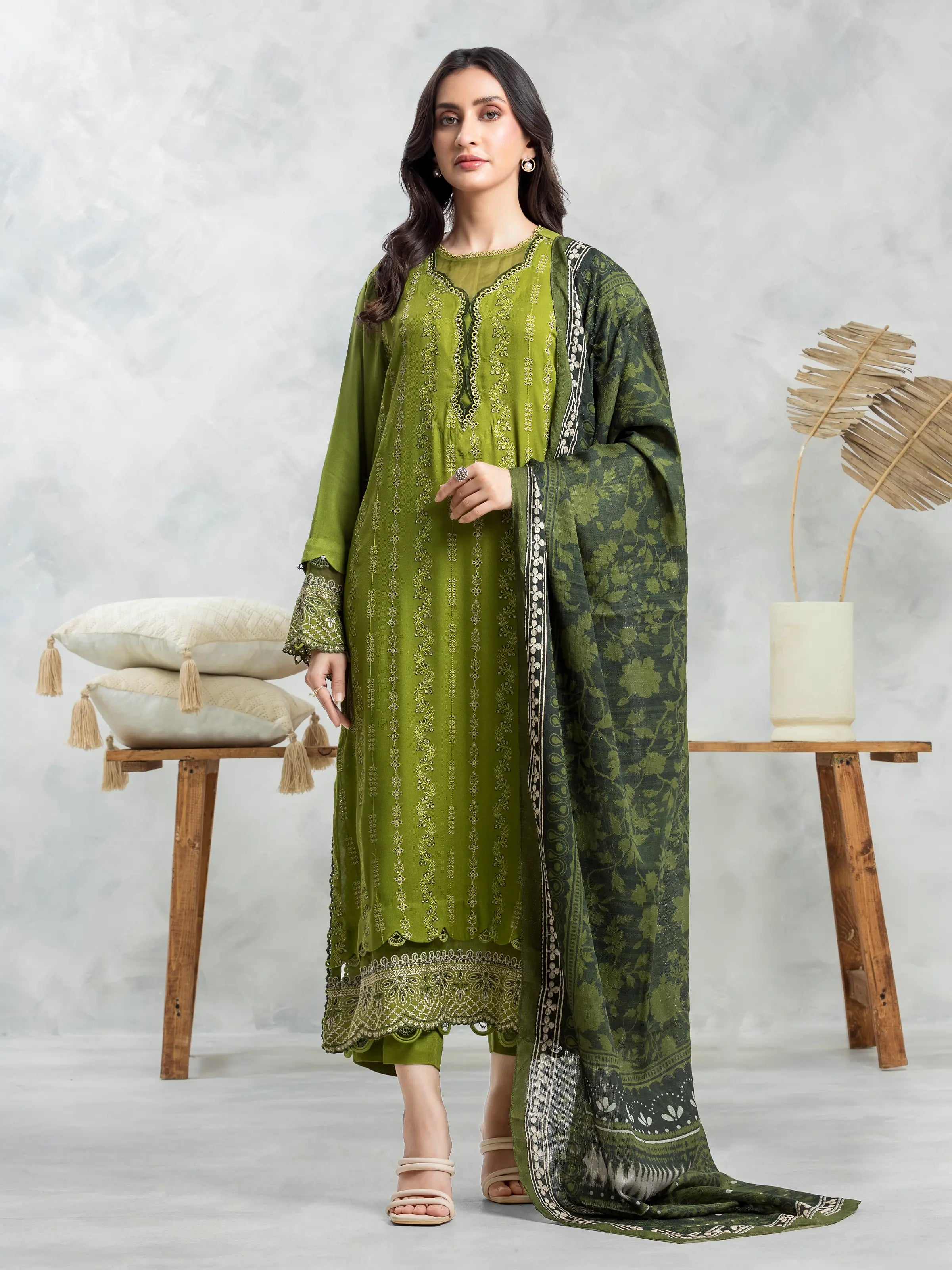 Unstitched Parrot Green Embroidered Viscose 3 Piece - EWU24V13-30233-3P