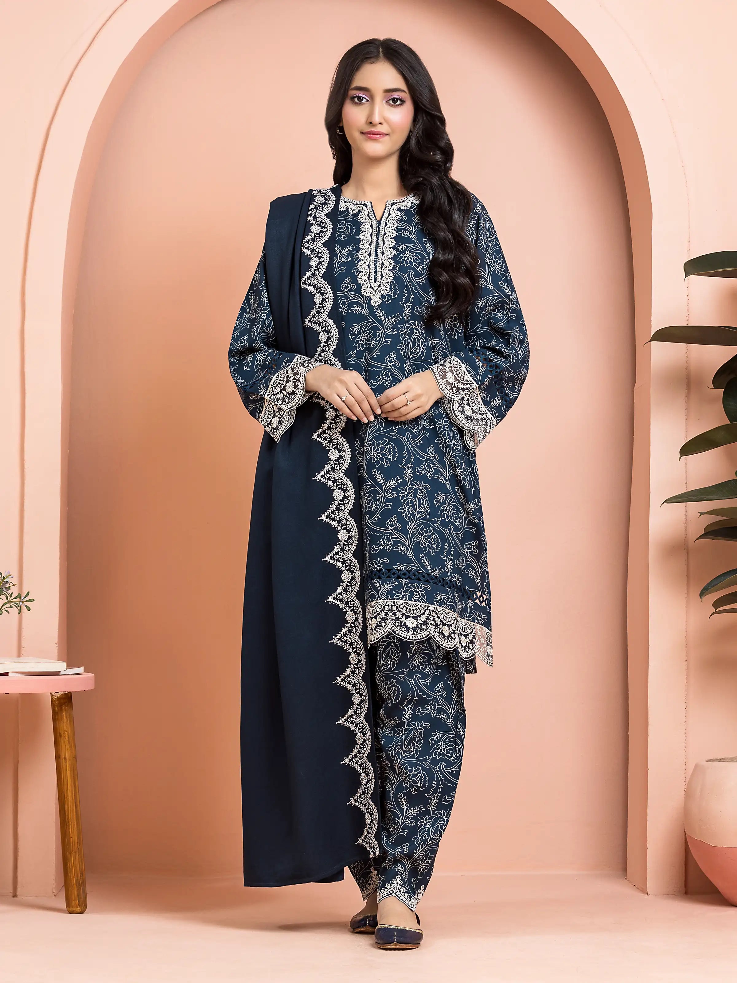 Unstitched Navy Blue Embroidered Marina Twill 3 Piece - EWU24V14-30177-3P