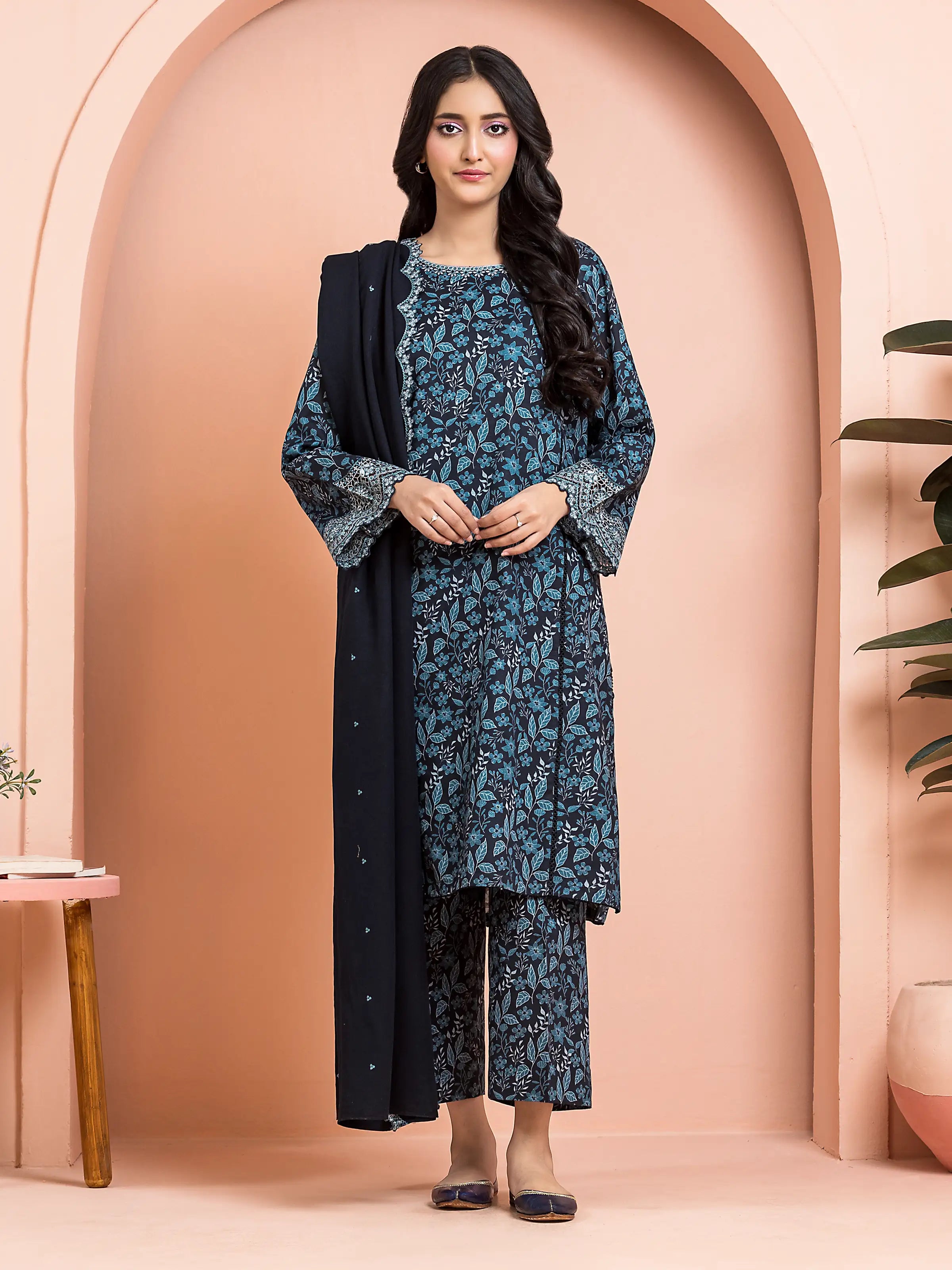 Unstitched Black Embroidered Marina Twill 3 Piece - EWU24V14-30181-3P