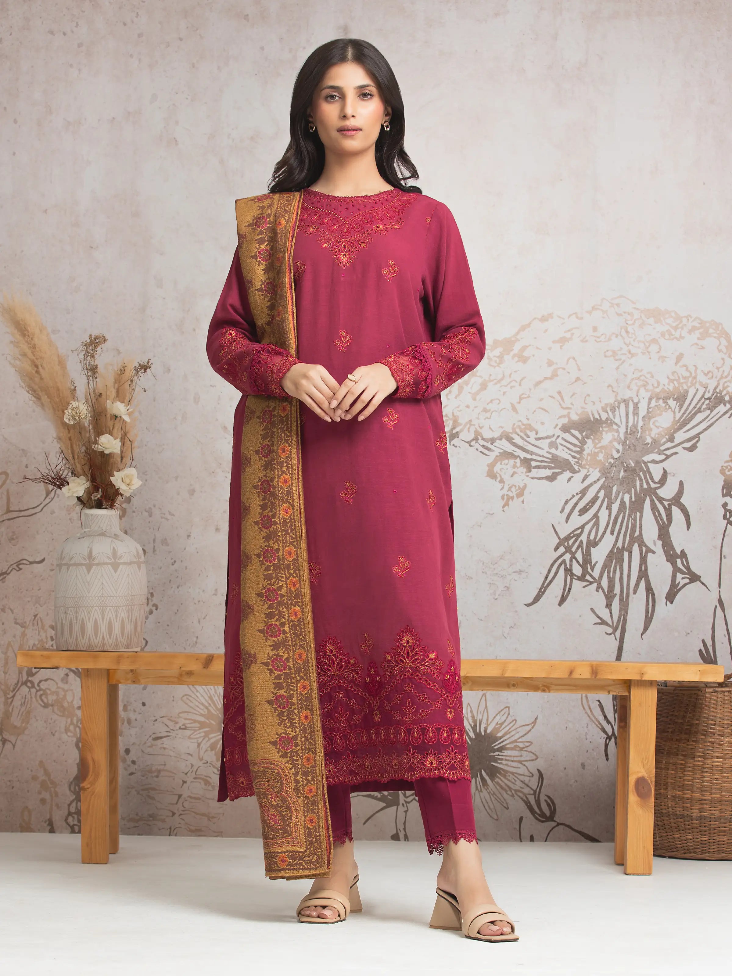 Unstitched Maroon Embroidered Marina Twill 3 Piece - EWU24V14-30213-3P