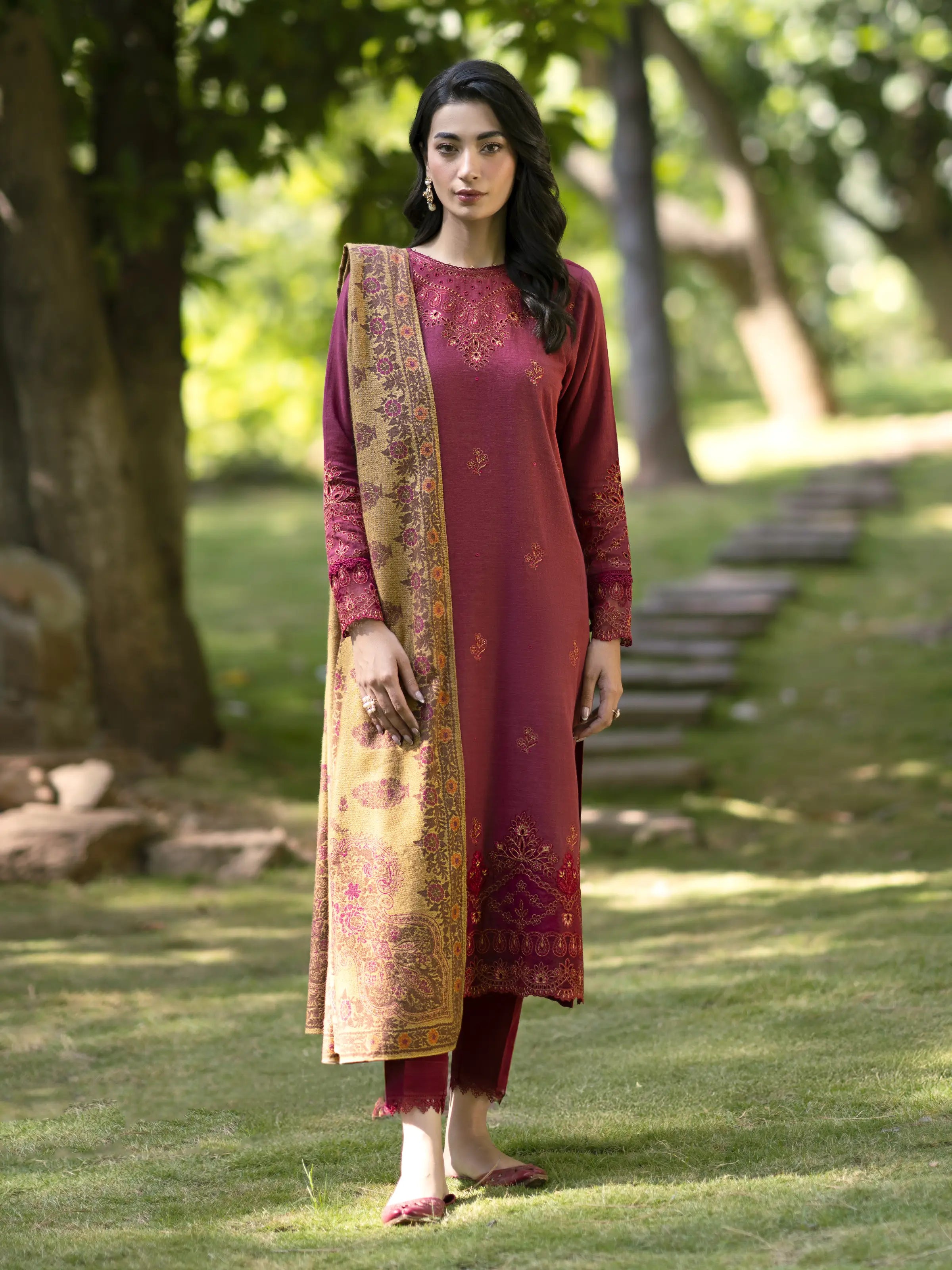 Unstitched Maroon Embroidered Marina Twill 3 Piece - EWU24V14-30213-3P