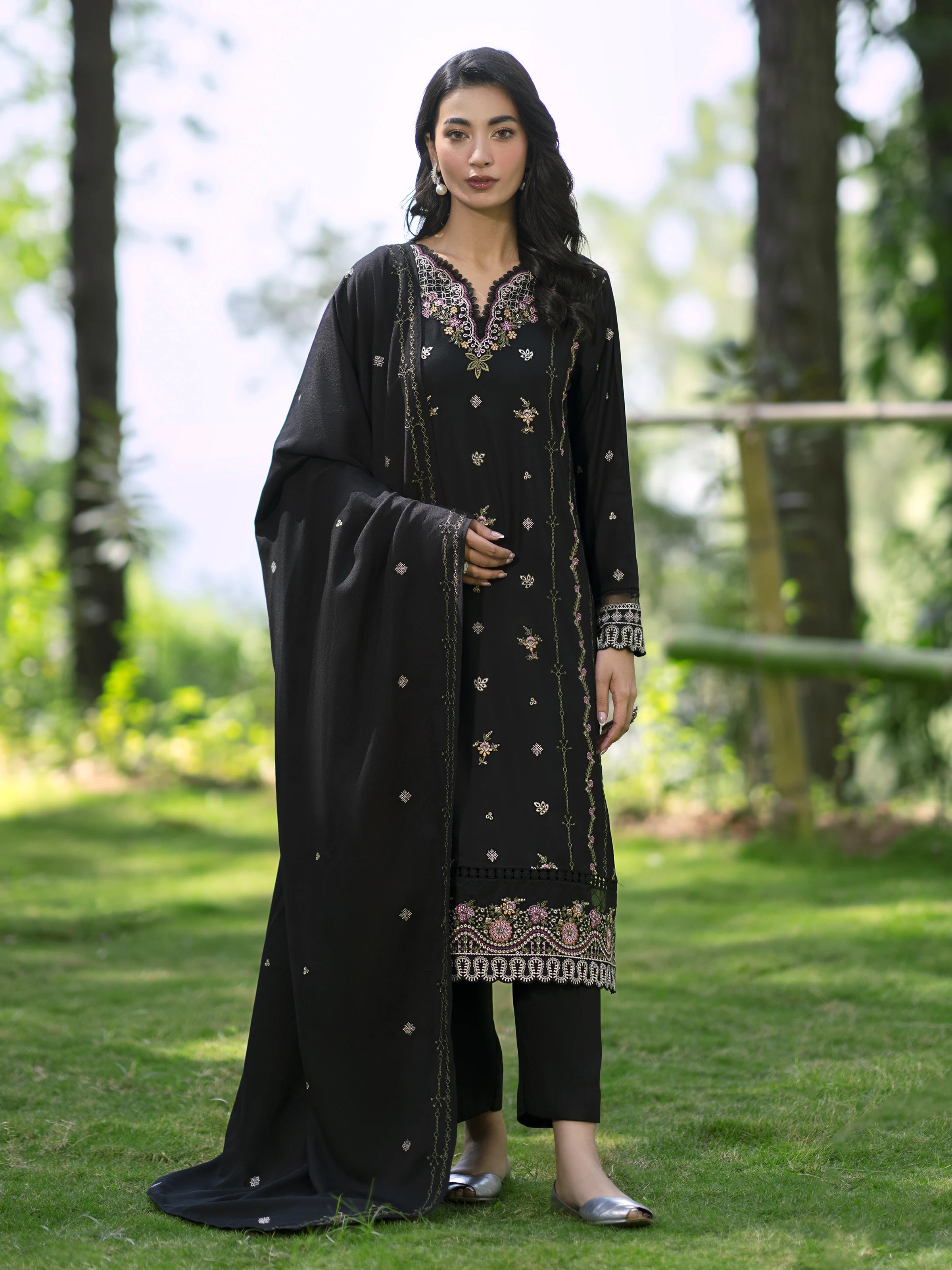 Unstitched Black Embroidered Marina Twill 3 Piece -  EWU24V14-30350-3P