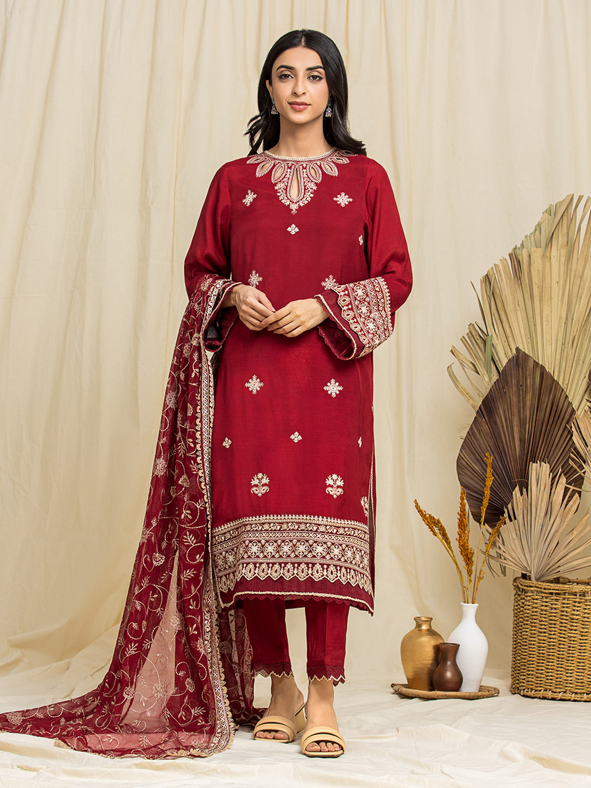 Unstitched Maroon Embroidered Raw Silk 3 Piece - EWU24V16-30012-3P