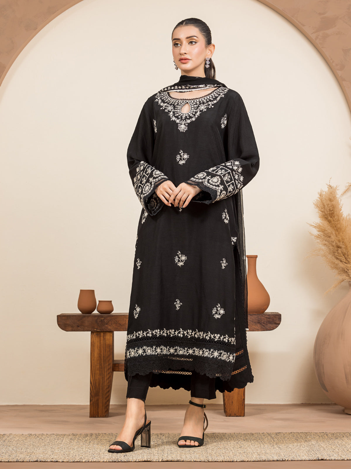 Unstitched Black Embroidered Raw Silk 3 Piece - EWU24V16-30125-3P