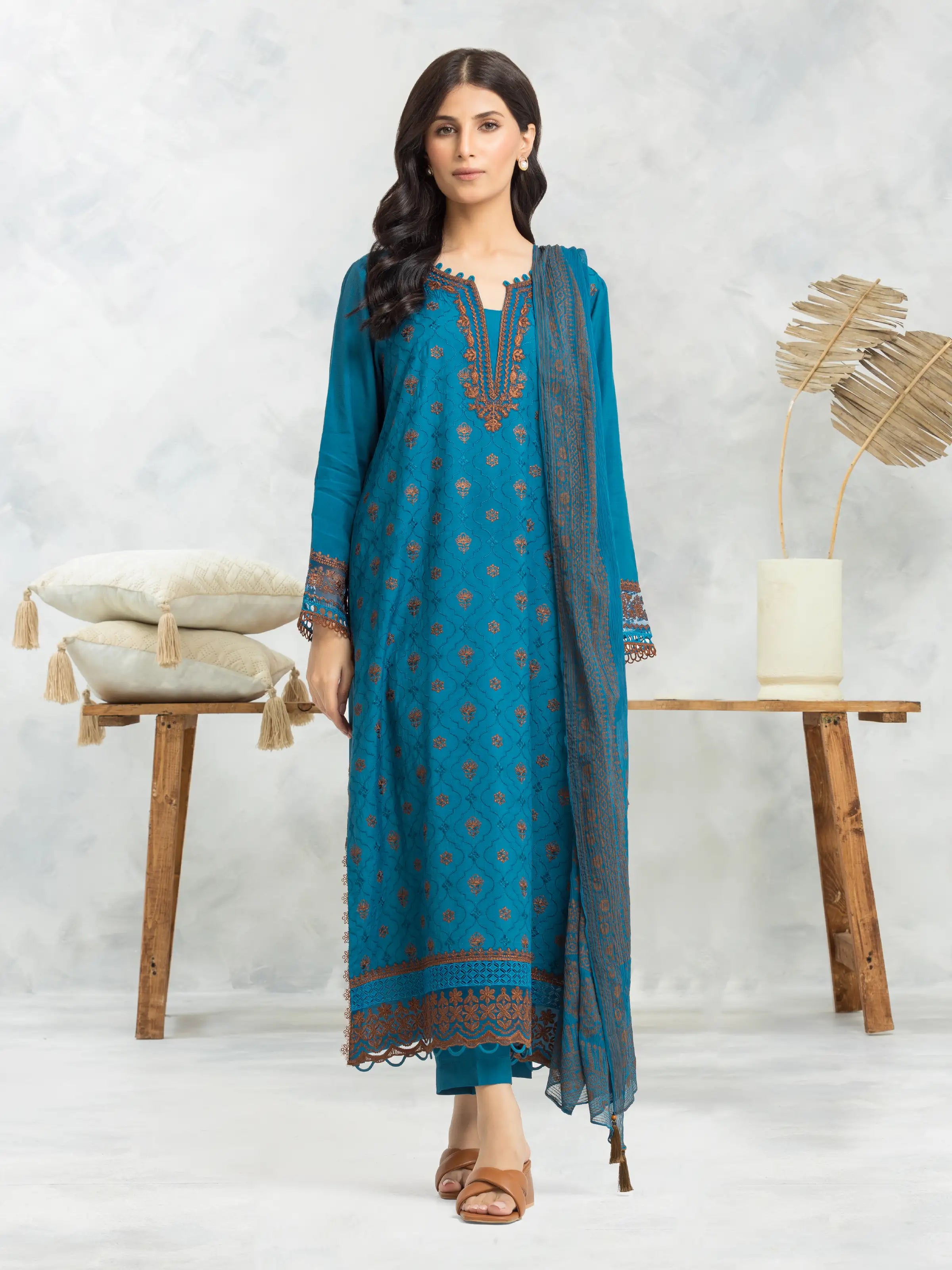 Unstitched Teal Blue Embroidered Raw Silk 3 Piece - EWU24V16-30128-3P