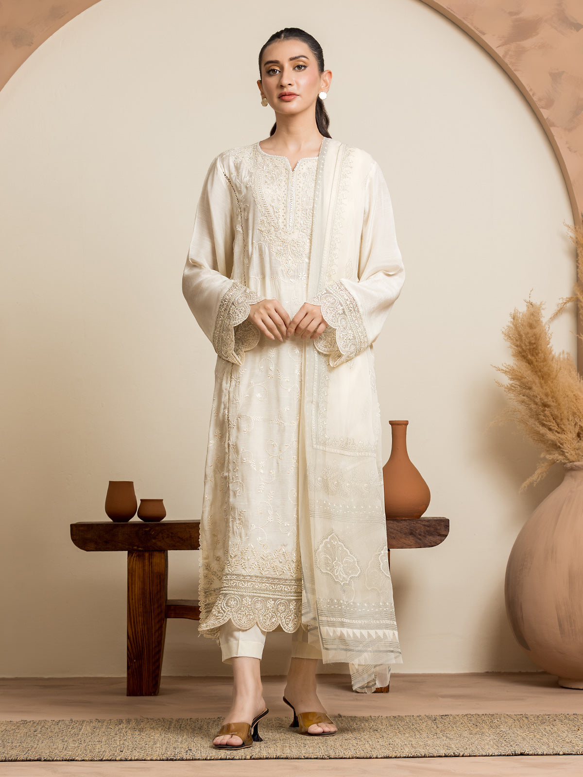 Unstitched Cream Embroidered Raw Silk 3 Piece - EWU24V16-30129-3P