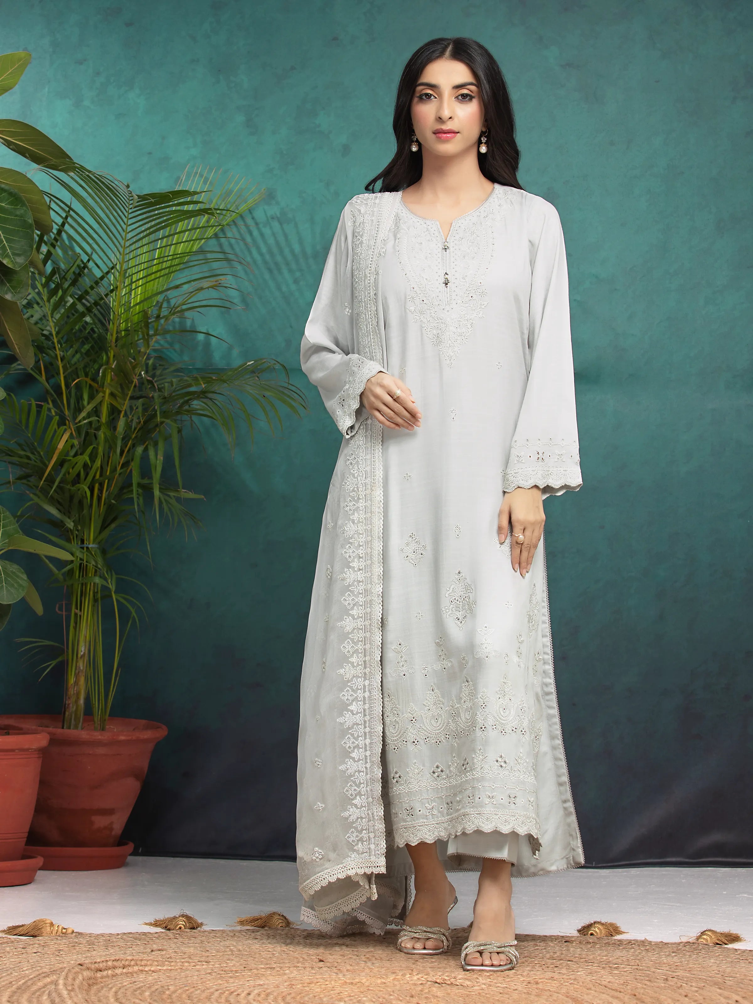 Unstitched Light Grey Embroidered Raw Silk 3 Piece - EWU24V16-30283-3P