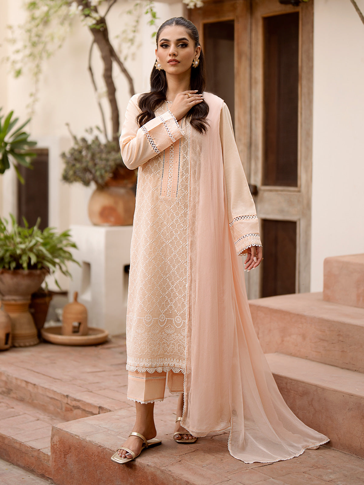 Unstitched Peach Embroidered Cambric 3 Piece - EWU24V2-28618-3P