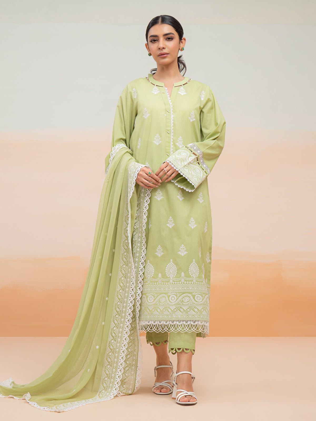 EWU24V2-28645-3P Unstitched Light Green Embroidered Cambric 3 Piece