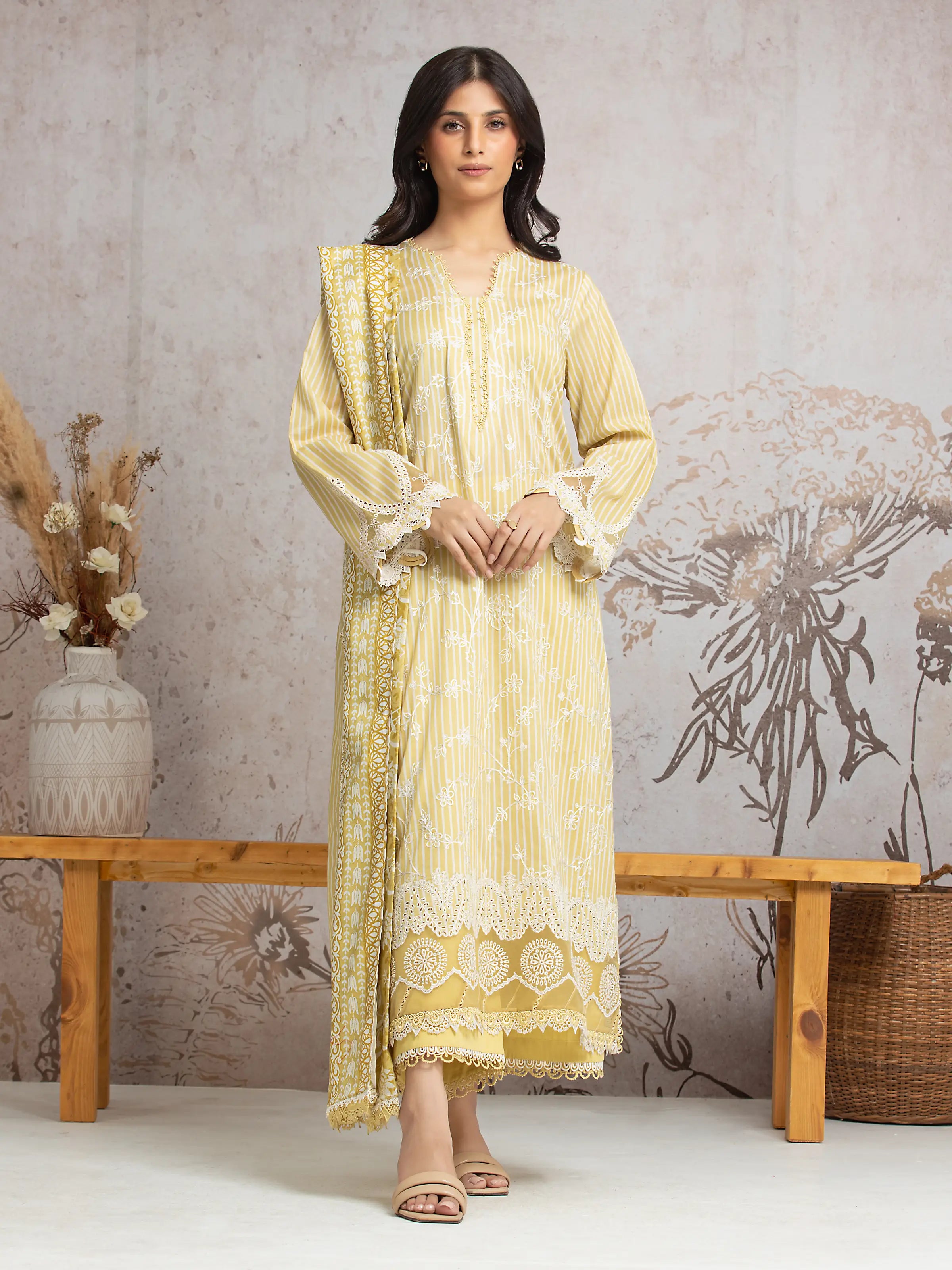 Unstitched Light Gold Embroidered Cambric 3 Piece - EWU24V2-30026-3P