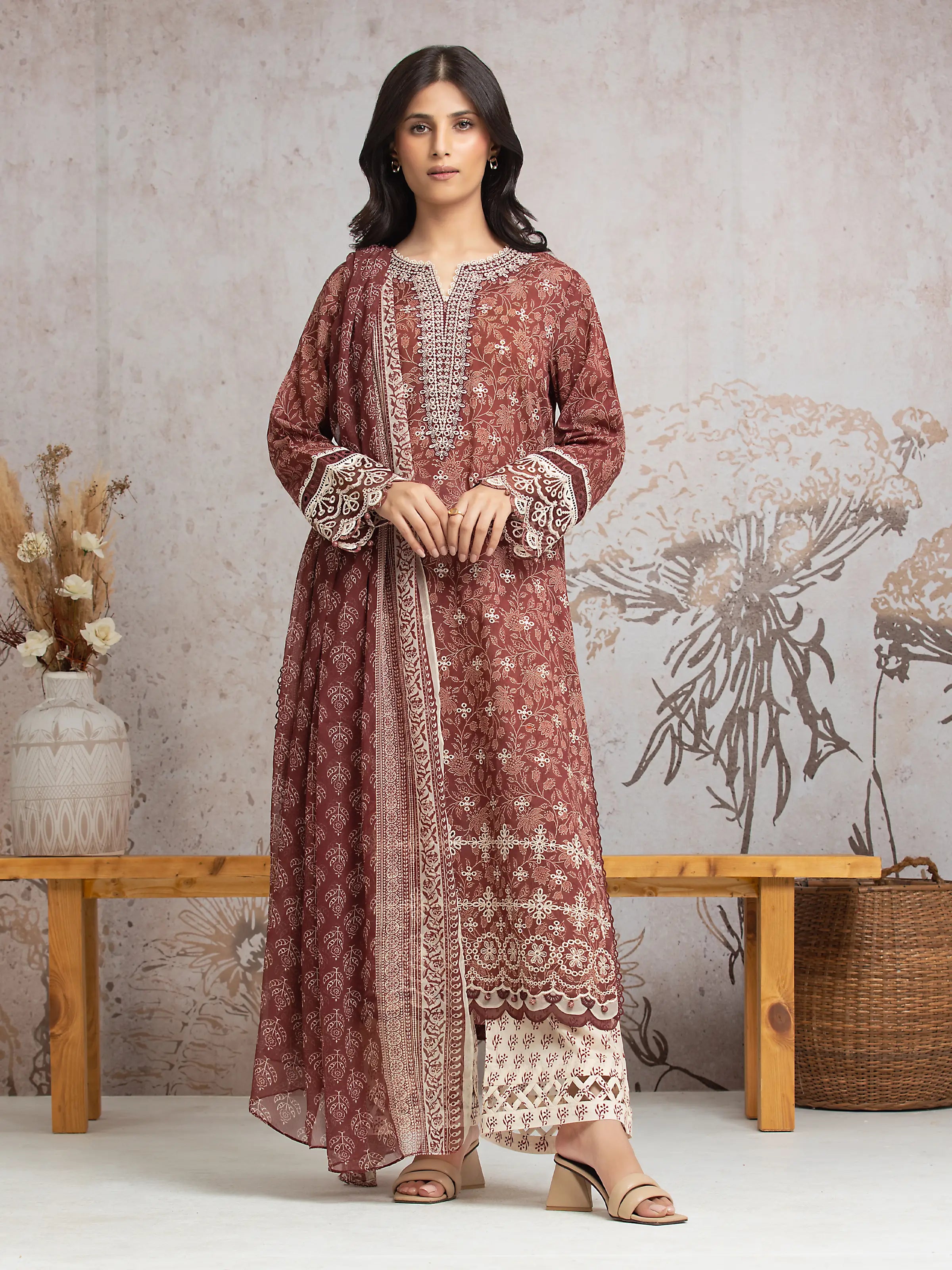 Unstitched Maroon Embroidered Cambric 3 Piece - EWU24V2-30033-3P