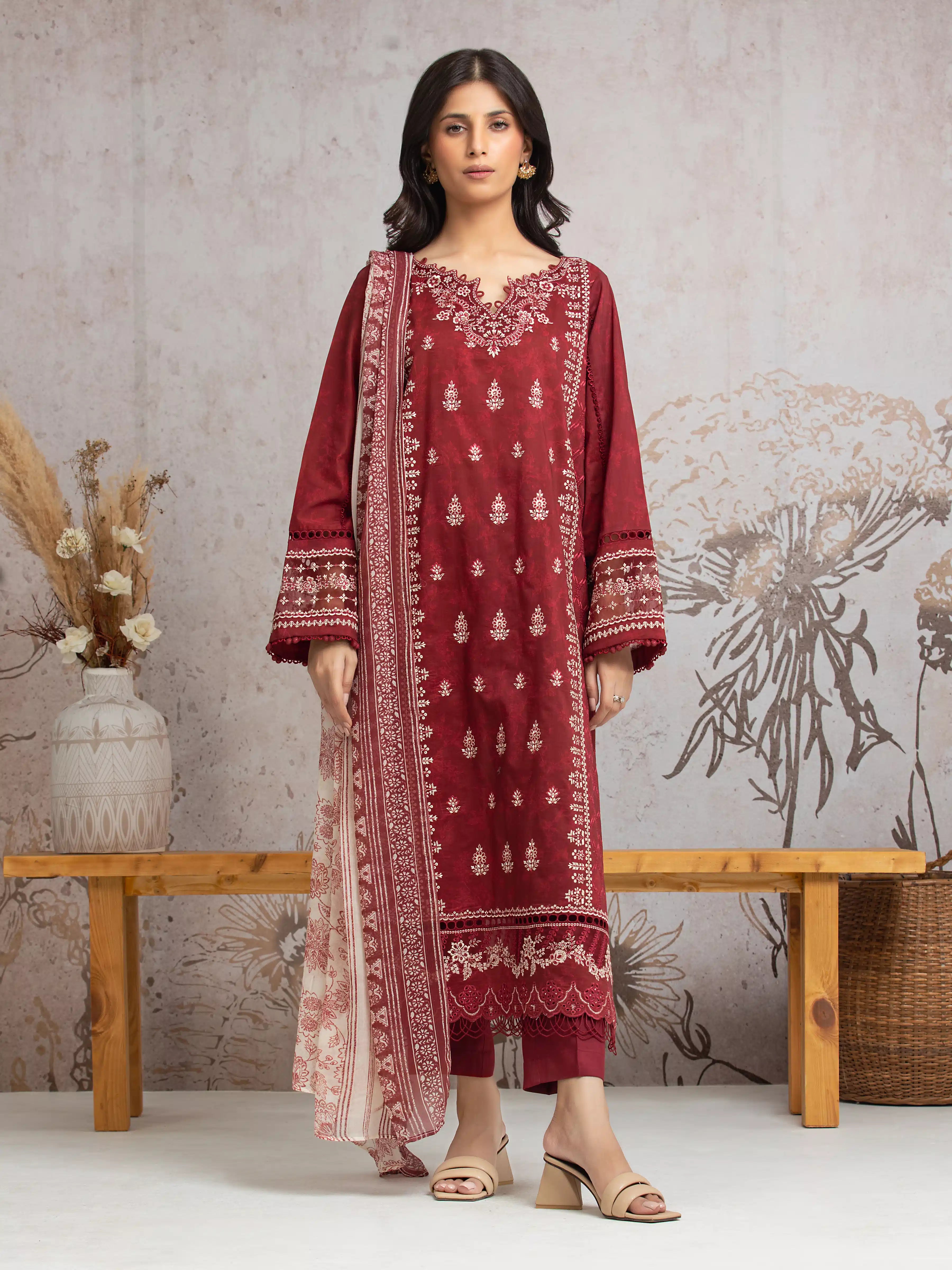 Unstitched Maroon Embroidered Cambric 3 Piece - EWU24V2-30040-3P