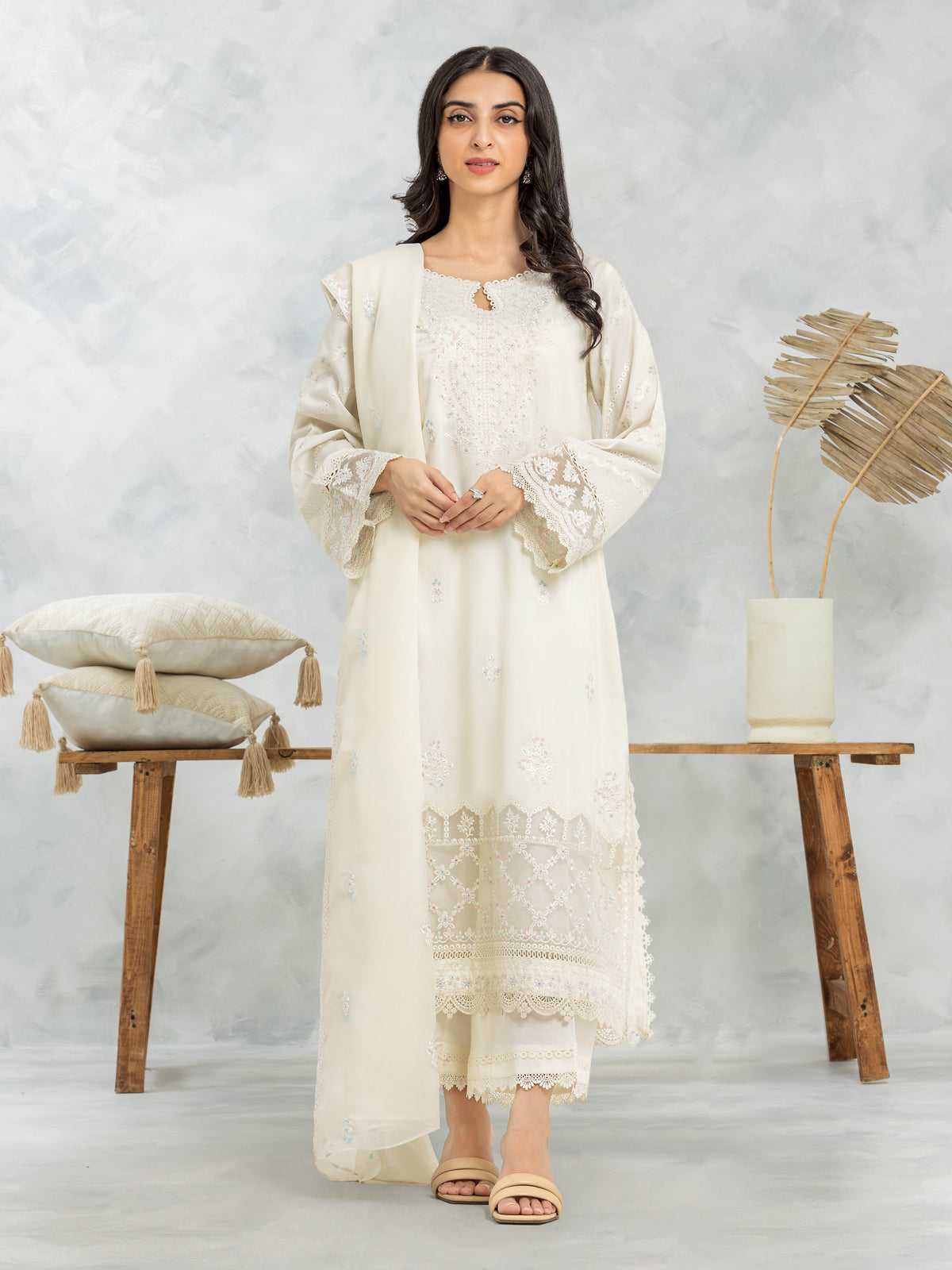 EWU24V2-30107-3P Unstitched Cream Embroidered Cambric 3 Piece