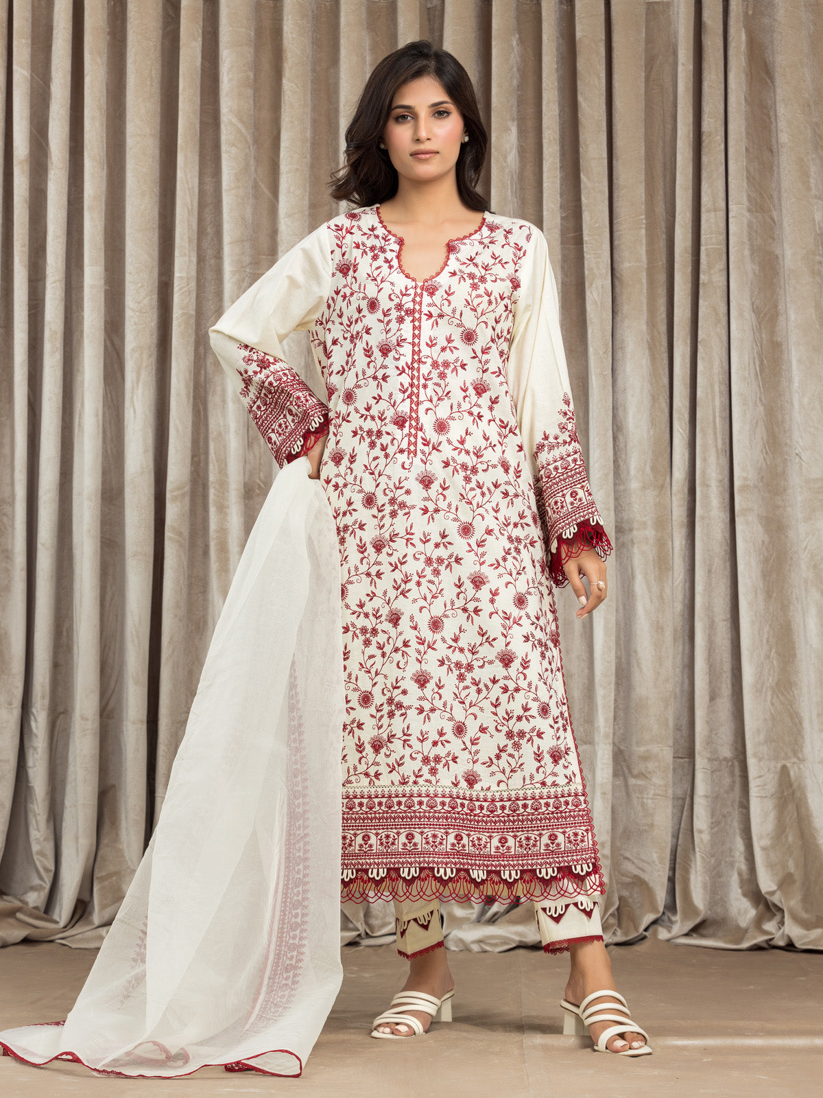 EWU24V2-30111-3P Unstitched Cream Embroidered Cambric 3 Piece