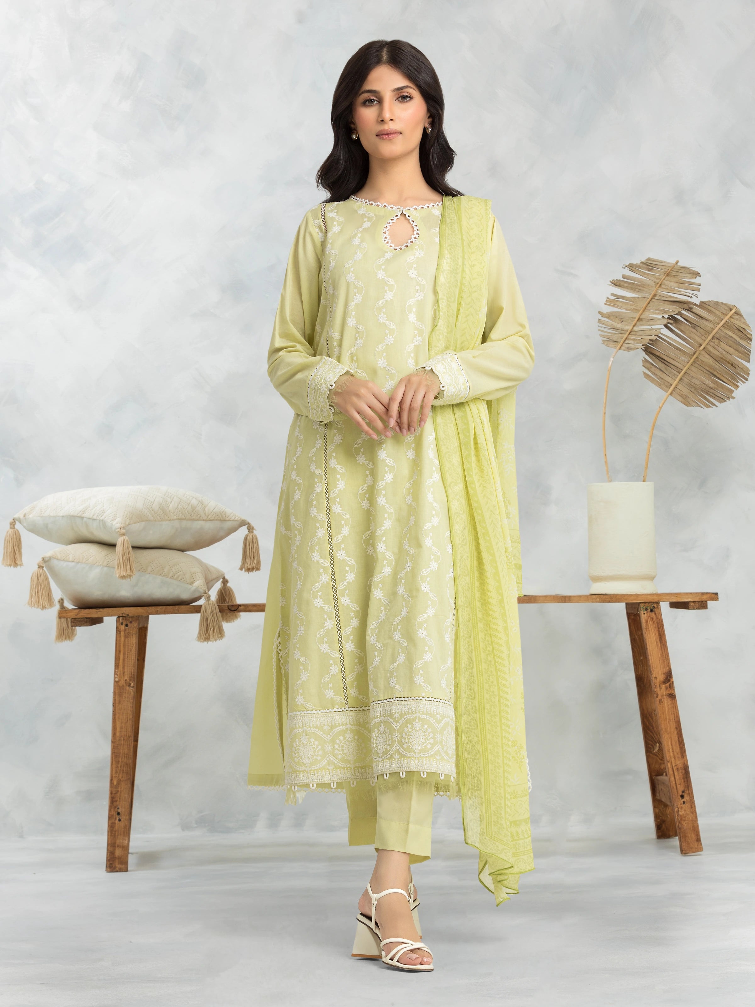 Unstitched Lime Embroidered Cambric 3 Piece - EWU24V2-30144-3P