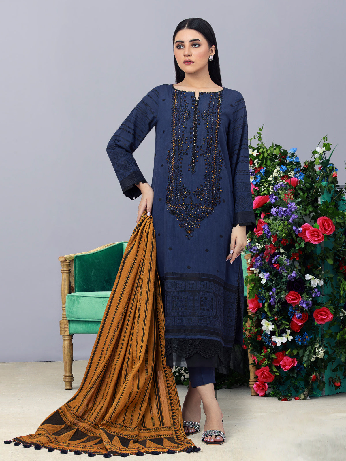 Unstitched Navy Embroidered Cambric 3 Piece - EWU24V3-26623-3P