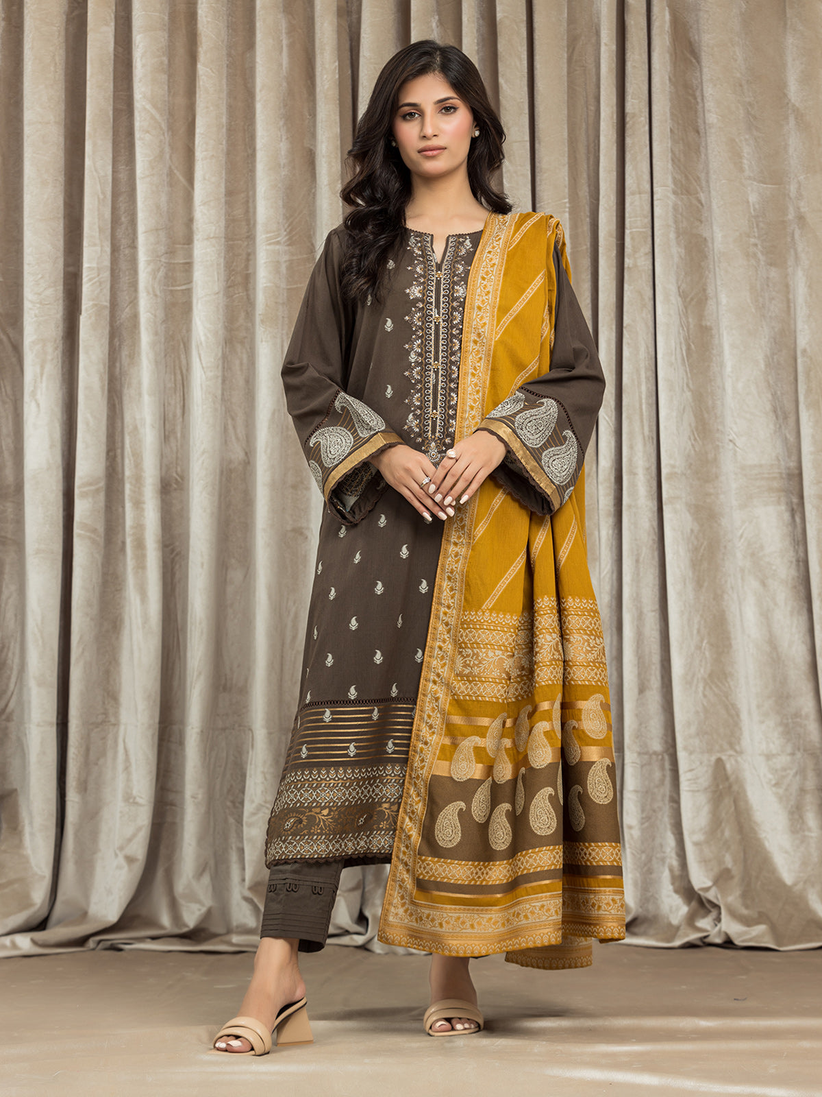 Unstitched Dark Olive Embroidered Jacquard 3 Piece - EWU24V3-26733-3P