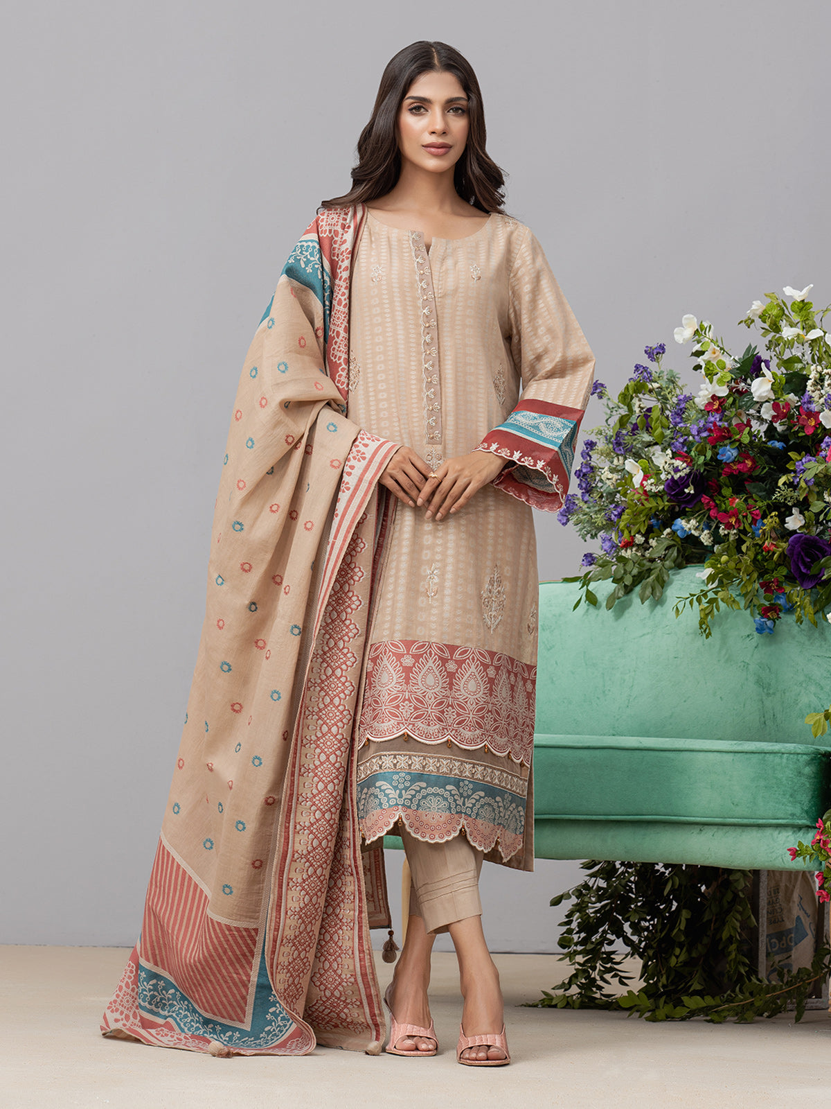 Unstitched Dark Beige Jacquard 3 Piece - EWU24V3-26734-3P