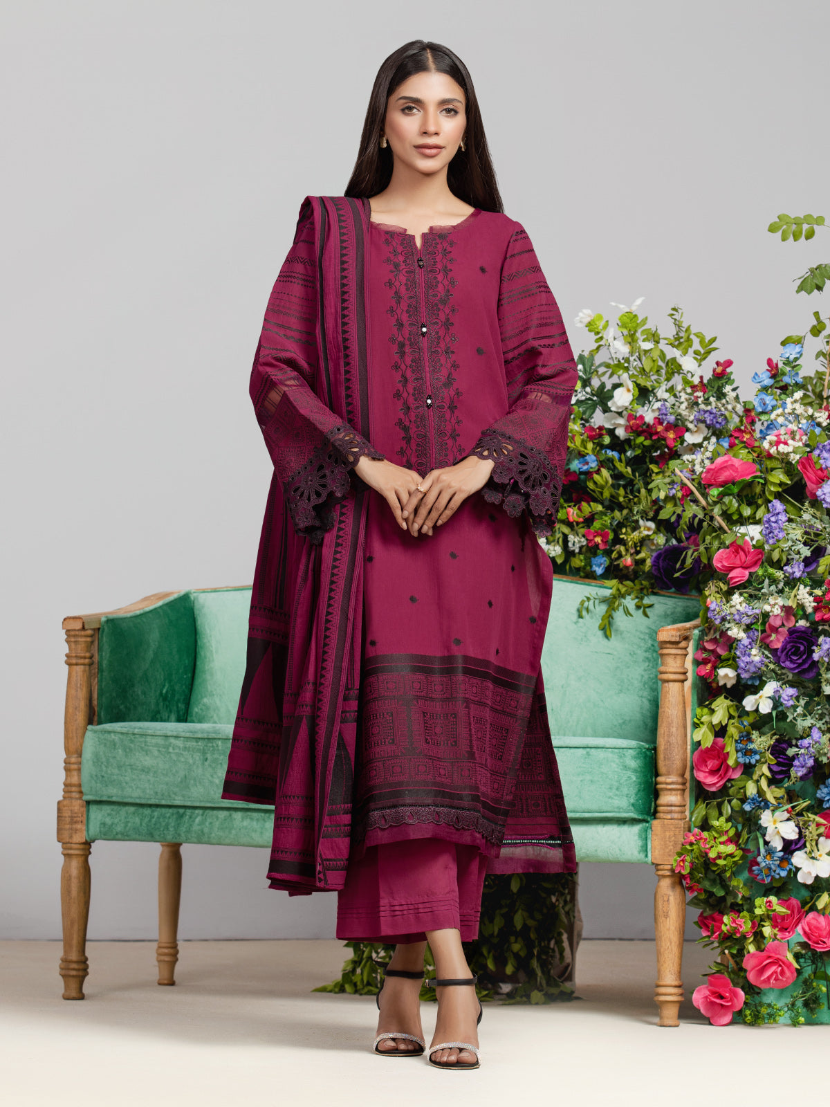 Unstitched Dark Magenta Embroidered Jacquard 3 Piece - EWU24V3-26751-3P