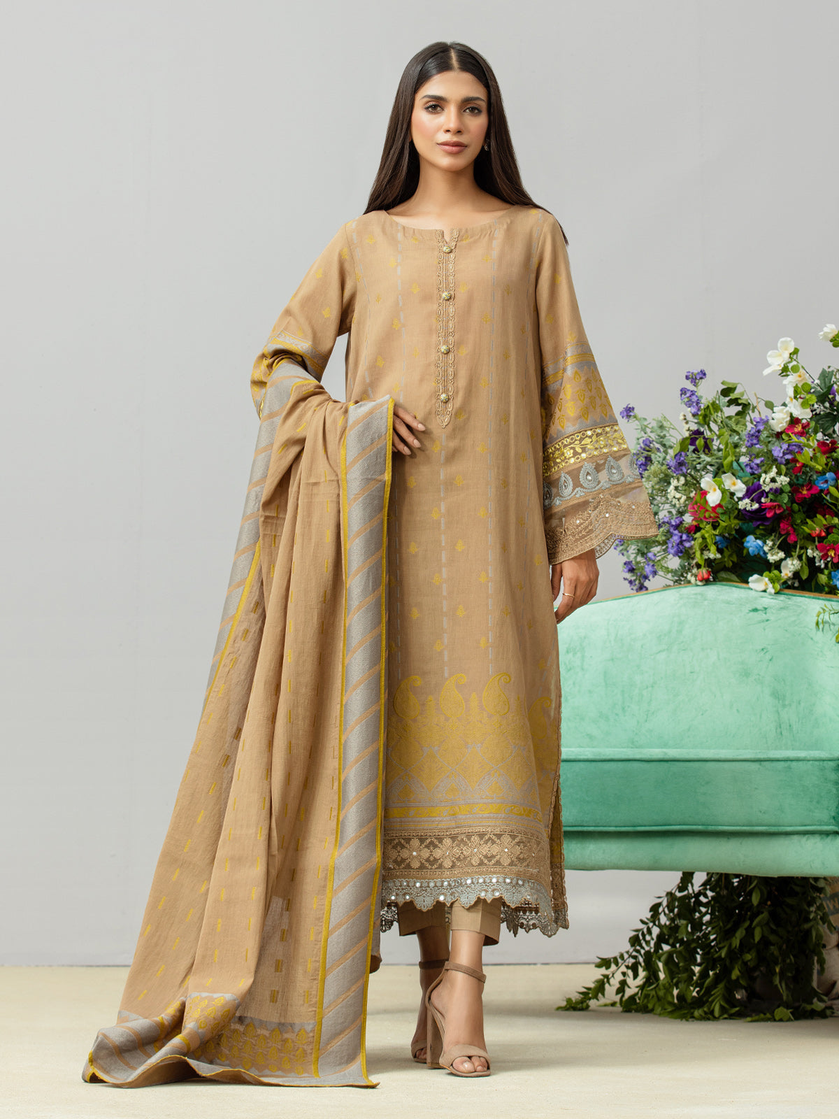 Unstitched Khaki Embroidered Jacquard 3 Piece - EWU24V3-26753-3P