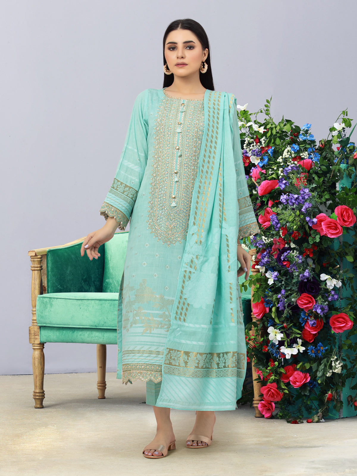 Unstitched Sea Green Embroidered Jacquard 3 Piece - EWU24V3-26757-3P