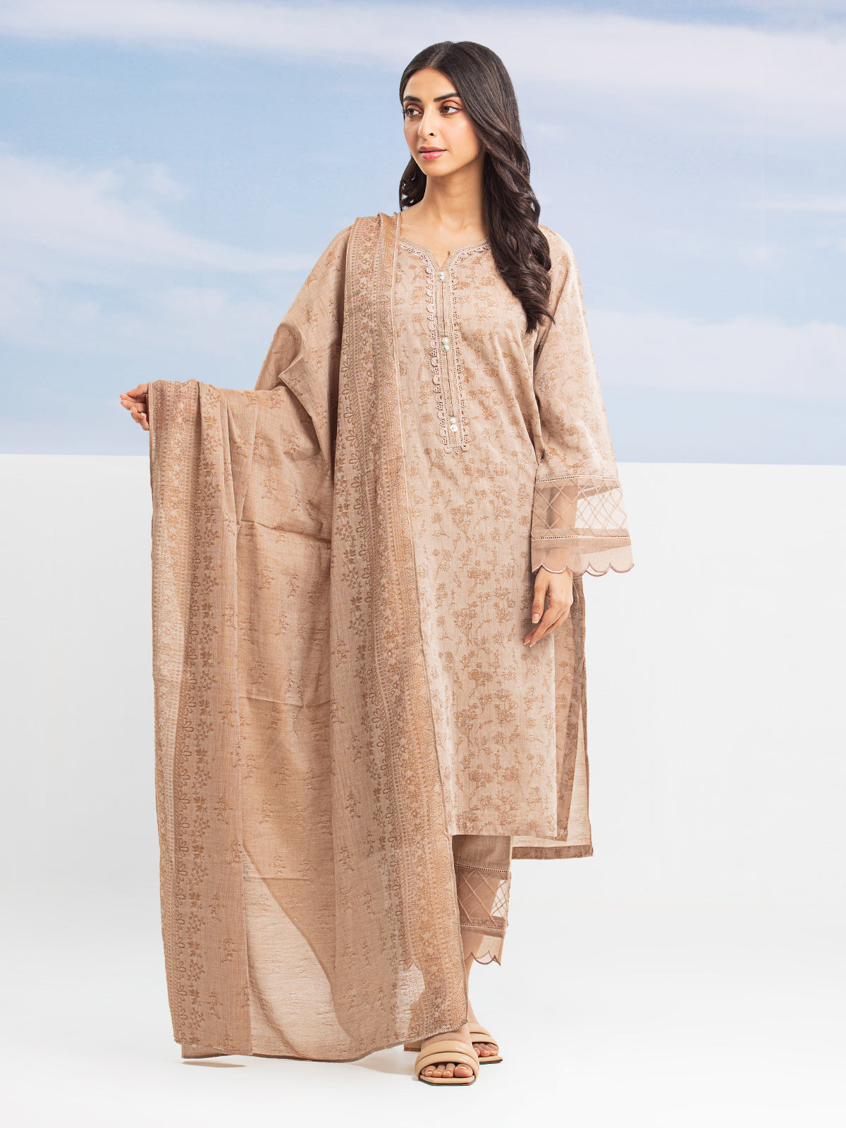 EWU24V3-28788-3P Unstitched Light Brown Embroidered Jacquard 3 Piece