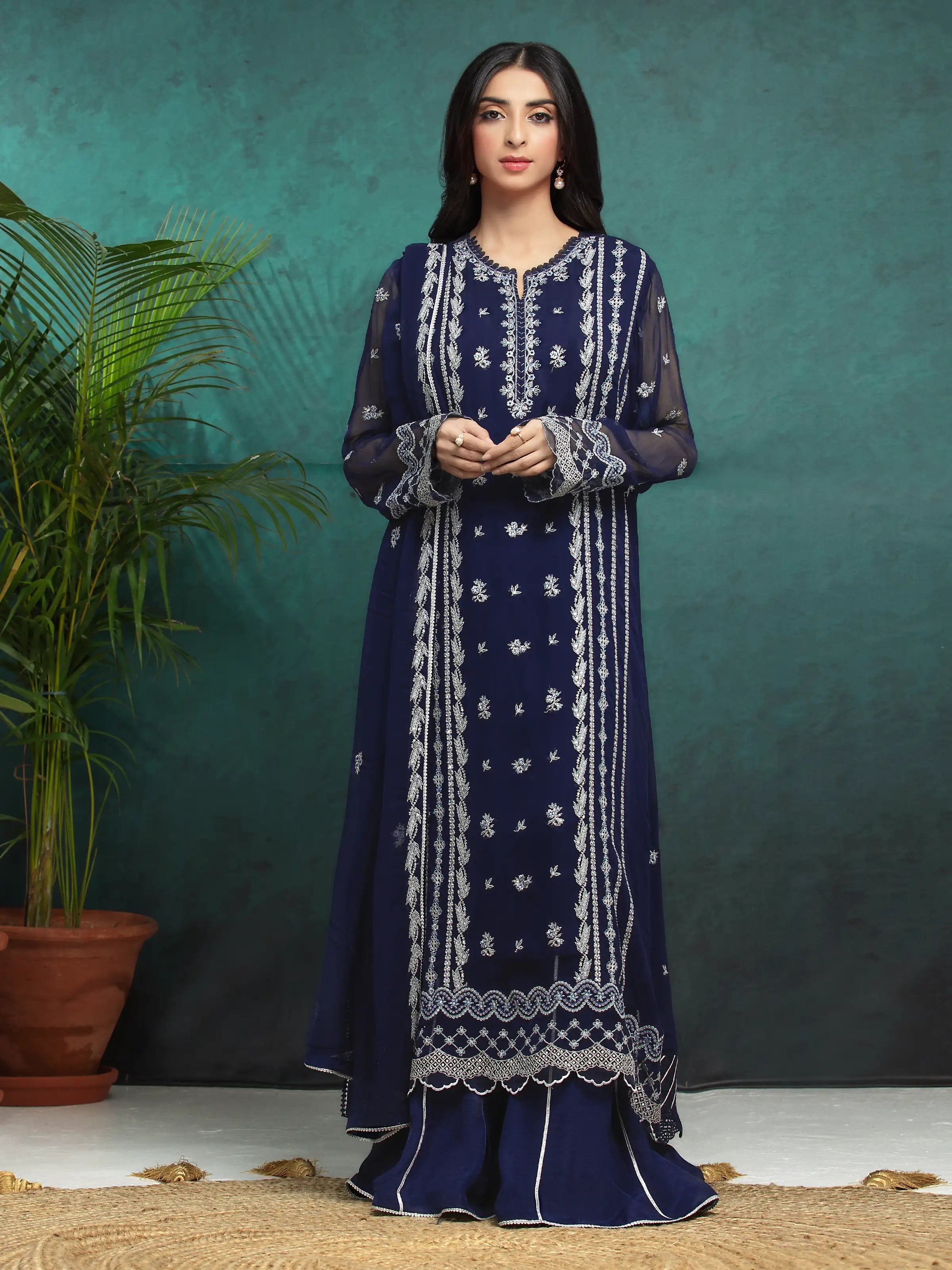 Unstitched Navy Blue Embroidered Chiffon 3 Piece - EWU24V5-30324-3P