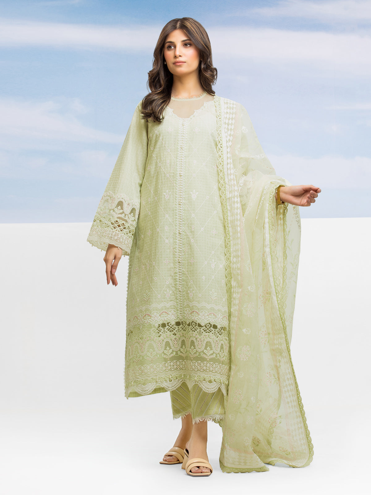 EWU24V7-28635-3P Unstitched Light Green Embroidered Dobby 3 Piece