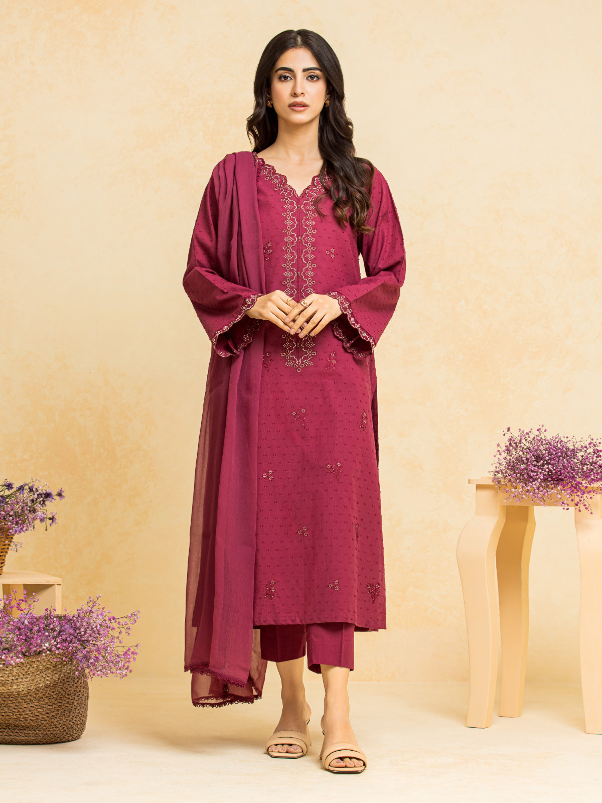 Unstitched Plum Embroidered Dobby 3 Piece - EWU24V7-28775-3P