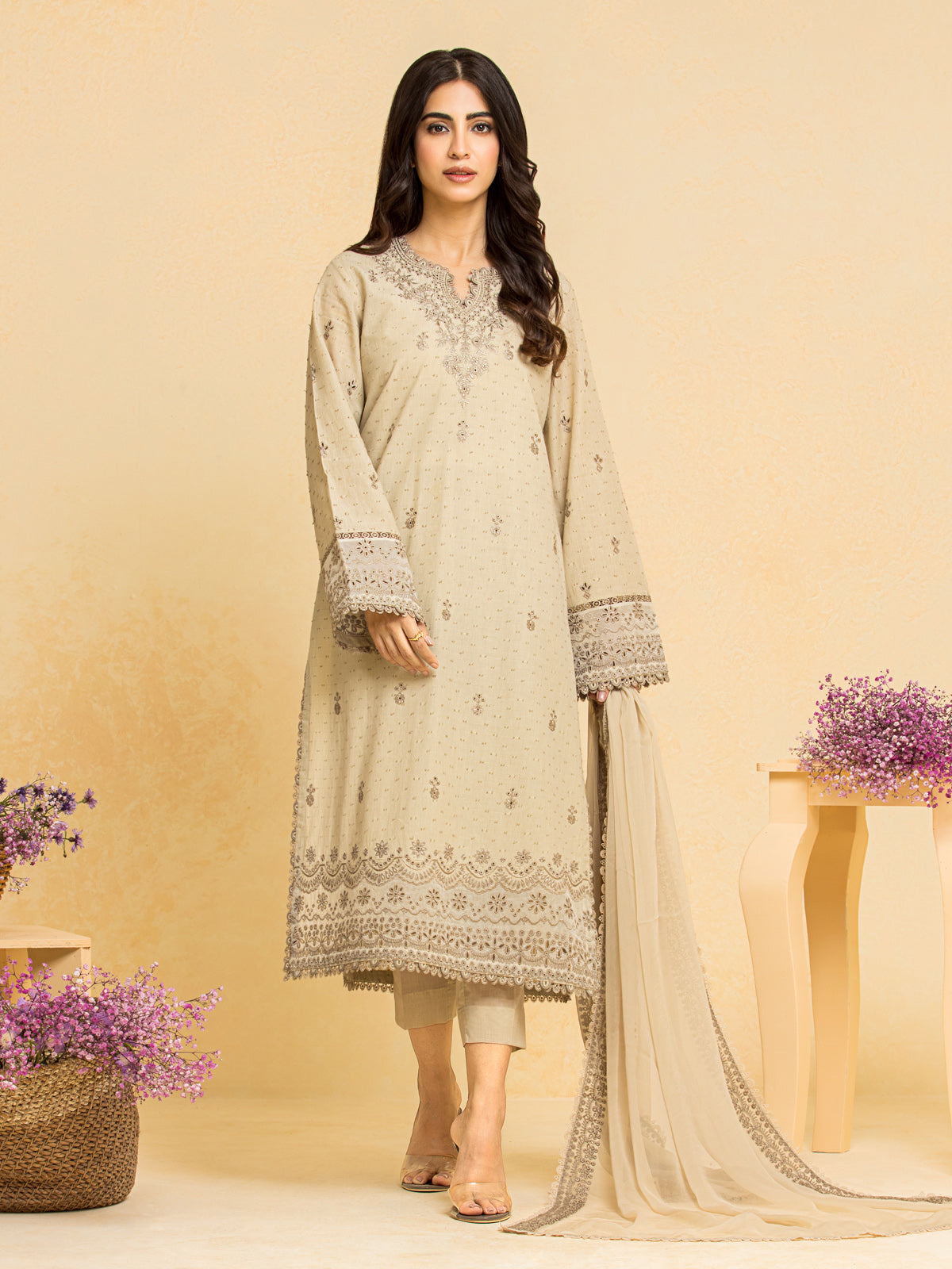 Unstitched Beige Embroidered Dobby 3 Piece - EWU24V7-28779-3P