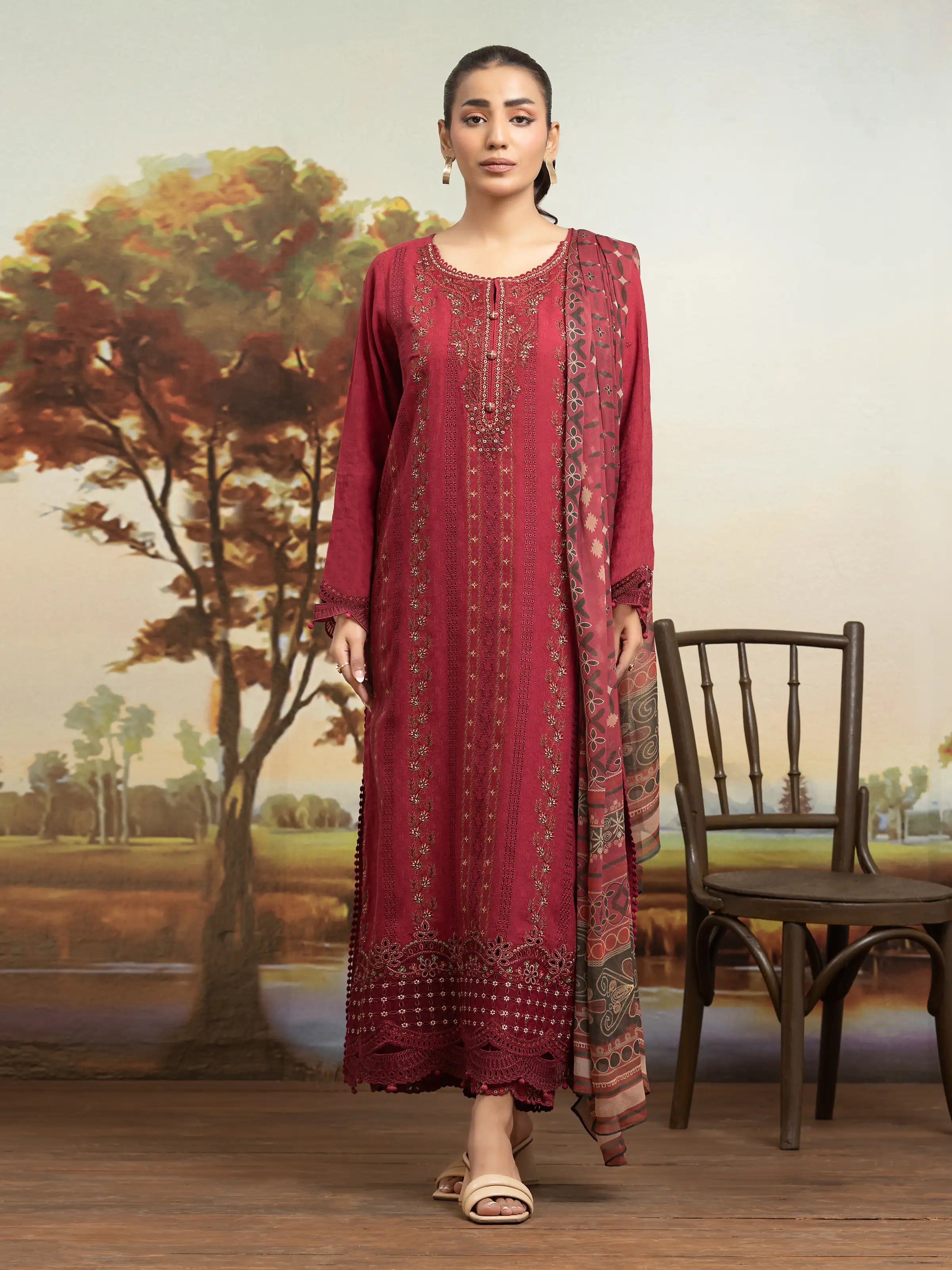 Unstitched Maroon Embroidered Dobby 3 Piece - EWU24V7-30165-3P