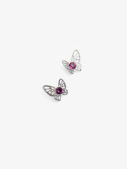 Sliver Butterfly Studs With Pink Gemstone - EAWE5-011