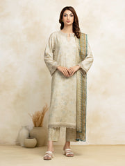 Unstitched Dark Cream Embroidered Raw Silk 3 Piece - EWU5V16-30222-3P