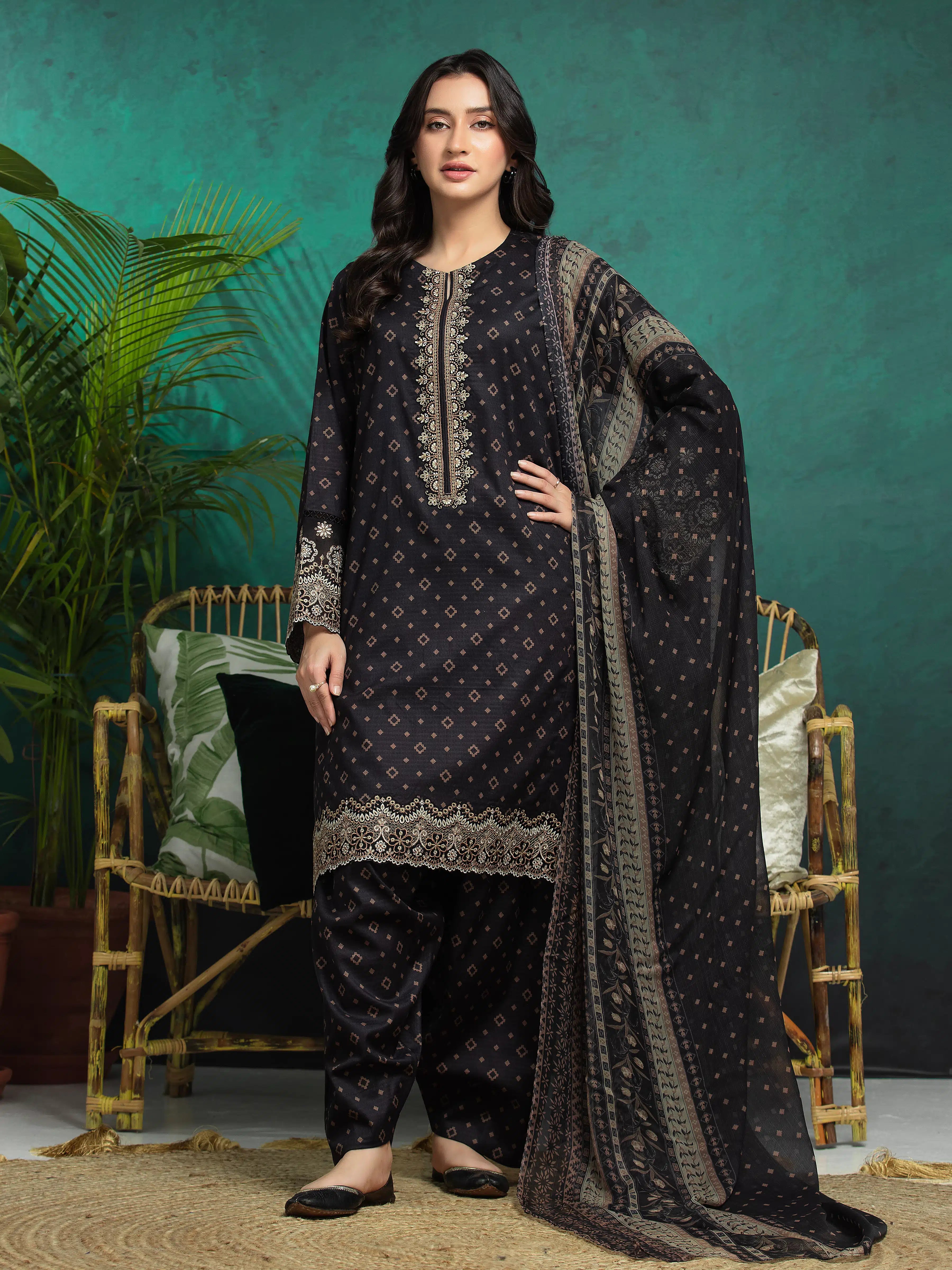 Unstitched Dark Charcoal Embroidered Dobby 3 Piece - EWU5V7-30364-3P