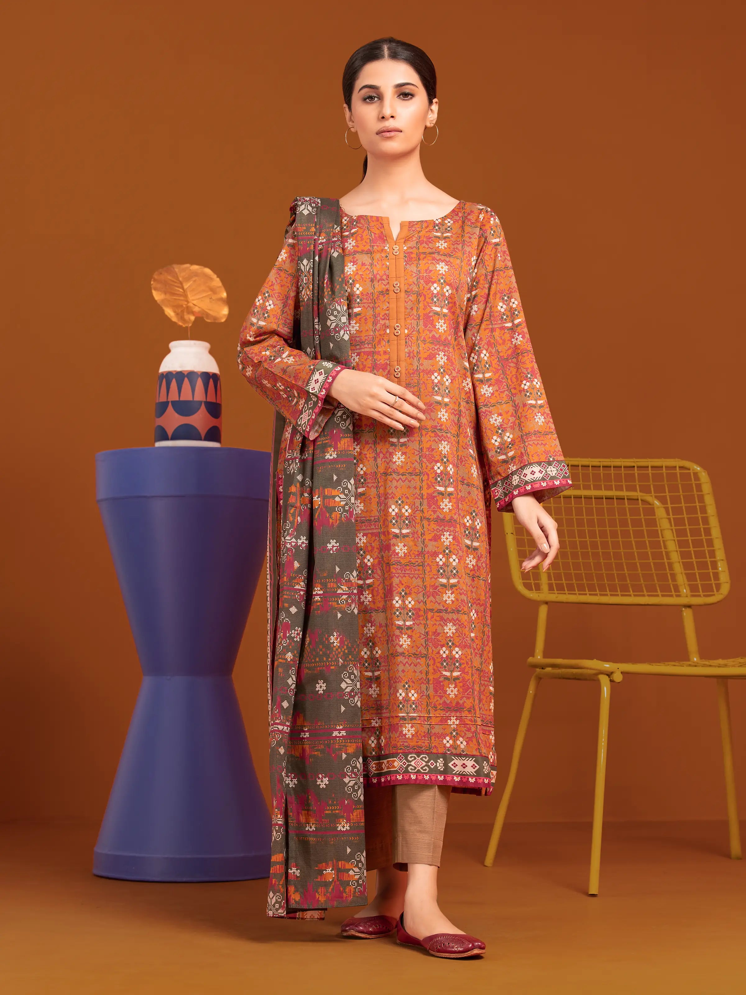 Unstitched Rust Multi Printed Khaddar 3 Piece - EWU24A3-27179-3P