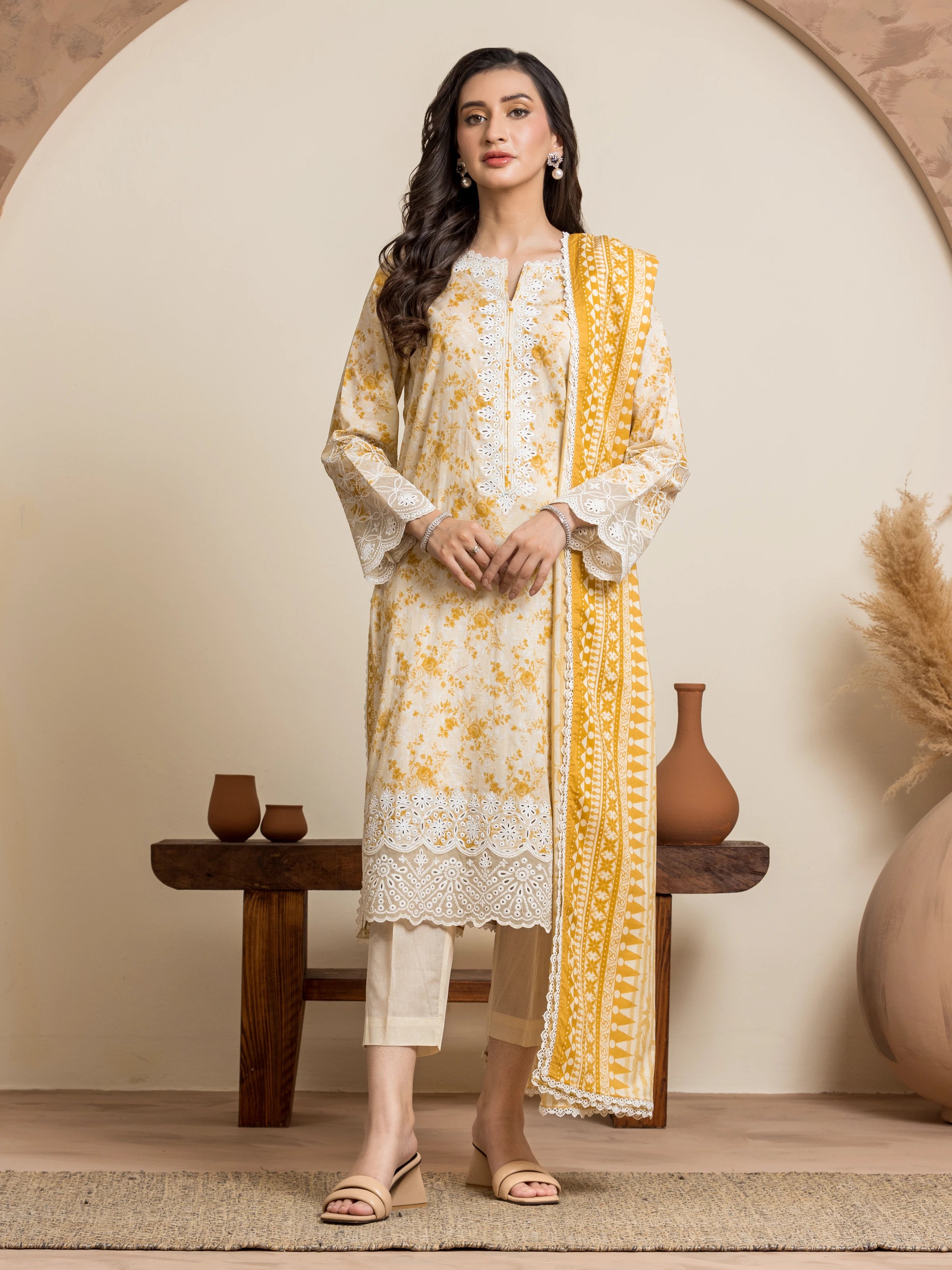 Unstitched Beige & Yellow Embroidered Lawn 3 Piece - EWU24V1-28609-3P