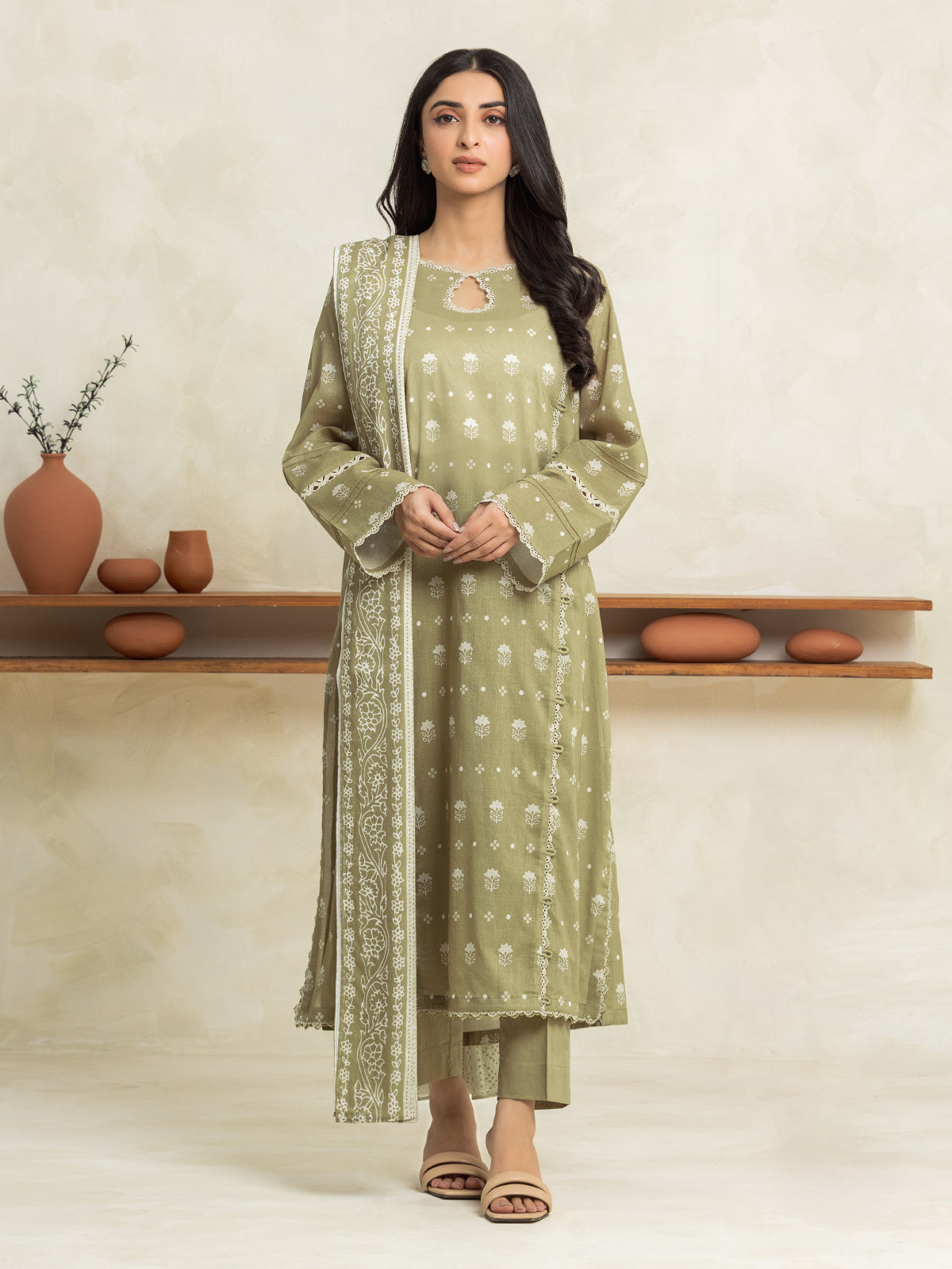 Unstitched Light Olive Printed Lawn 3 Piece - EWU24A1-29151-3P