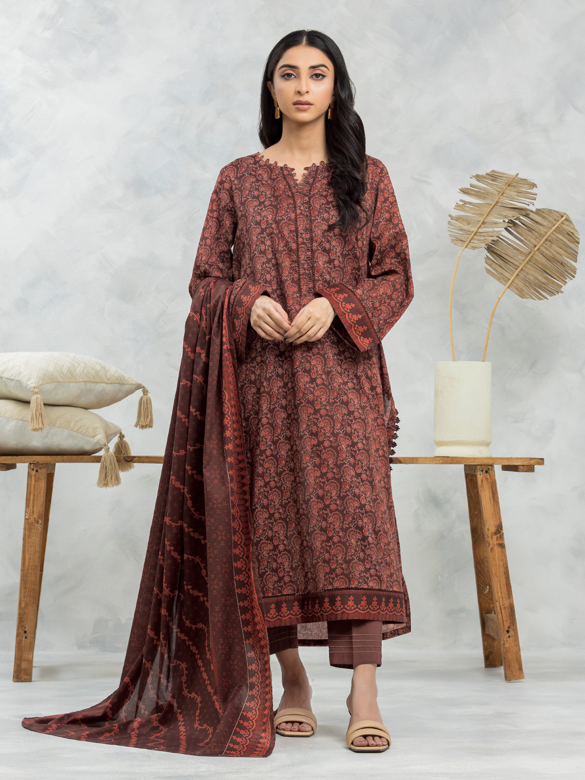 Unstitched Deep Maroon Printed Lawn 3 Piece - EWU24A1-29173-3P