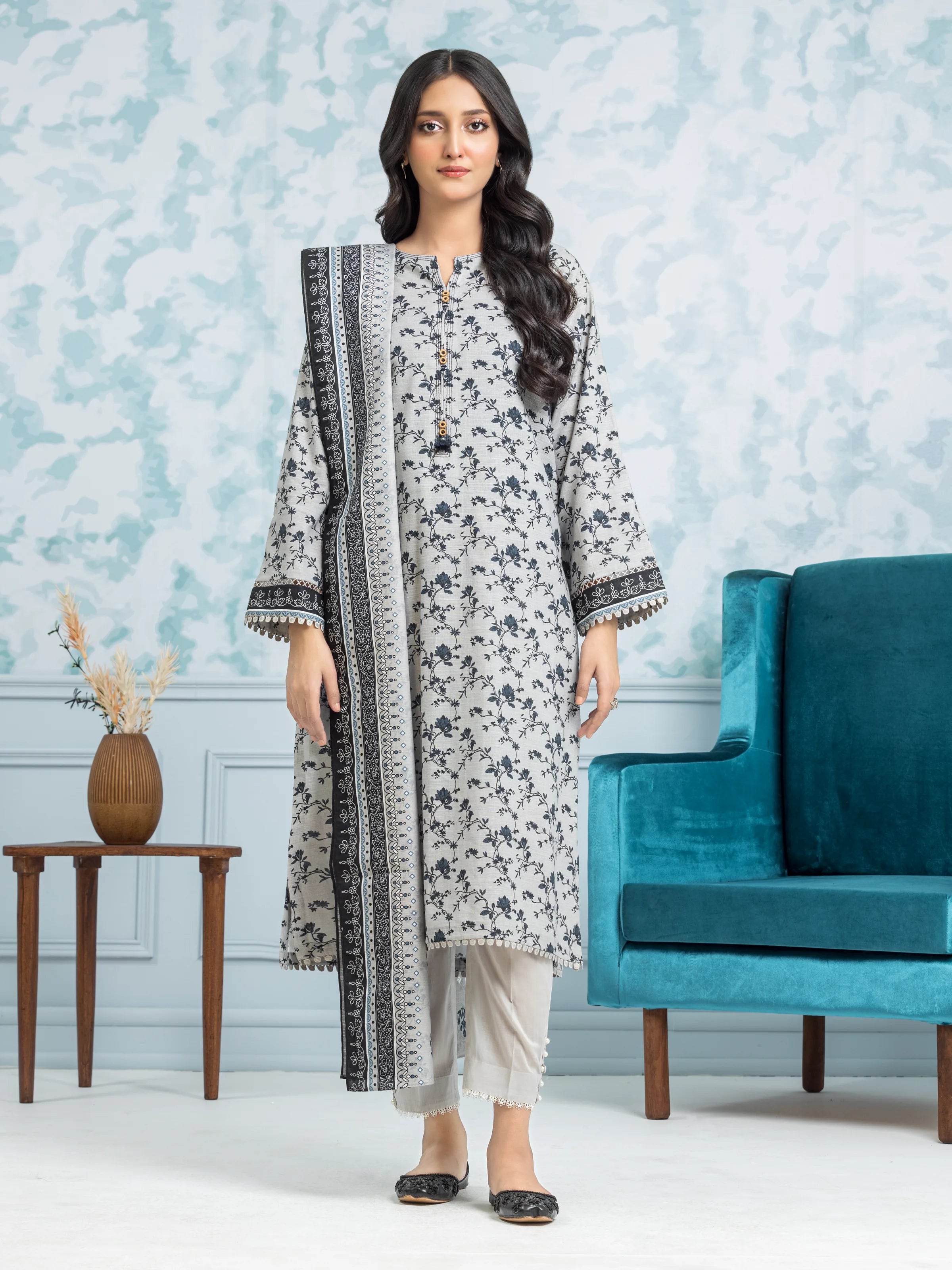 Unstitched Grey Printed Khaddar 3 Piece - EWU24A3-29315-3P