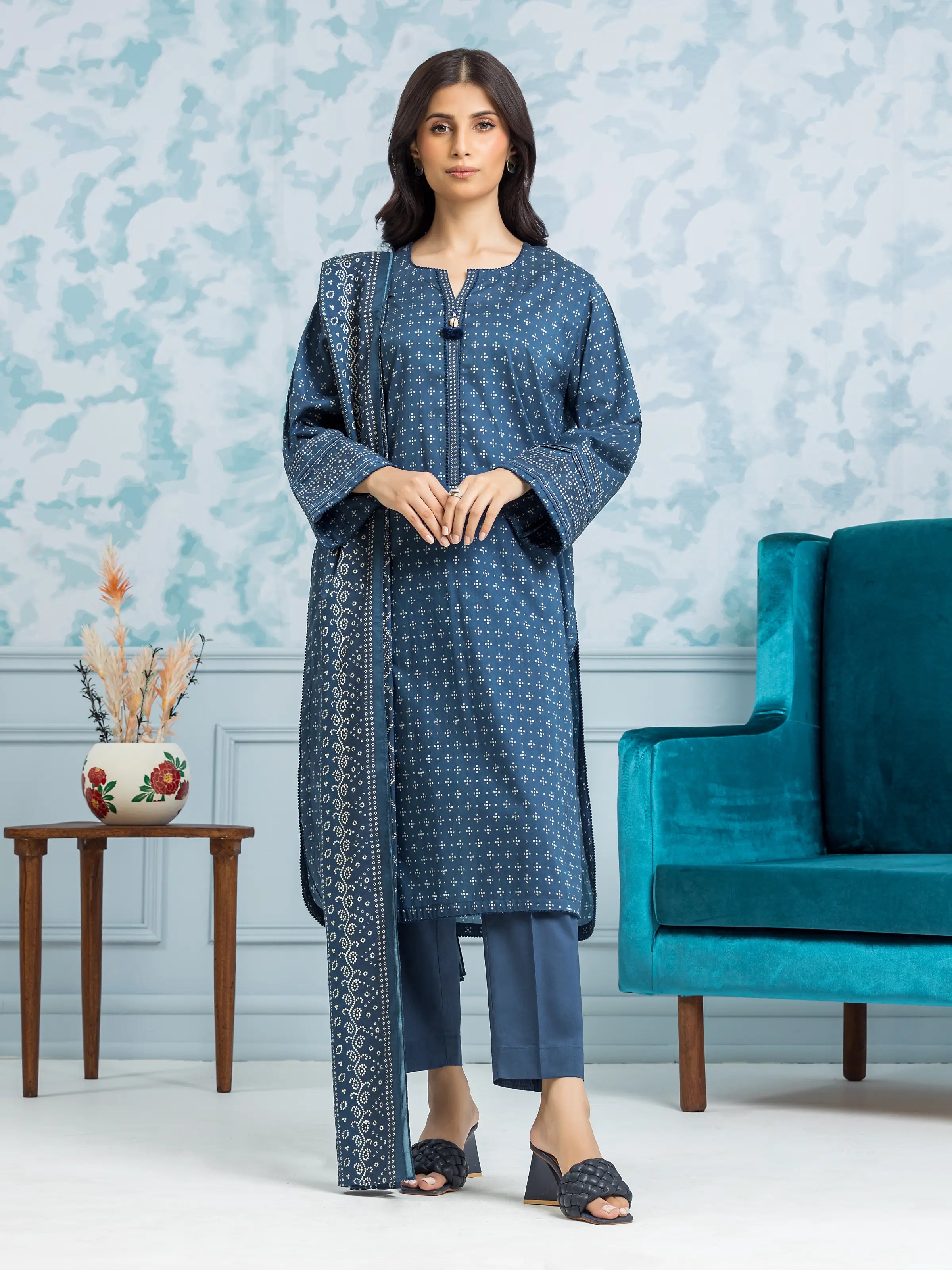 Unstitched Navy Blue Printed Khaddar 3 Piece - EWU24A3-29324-3P